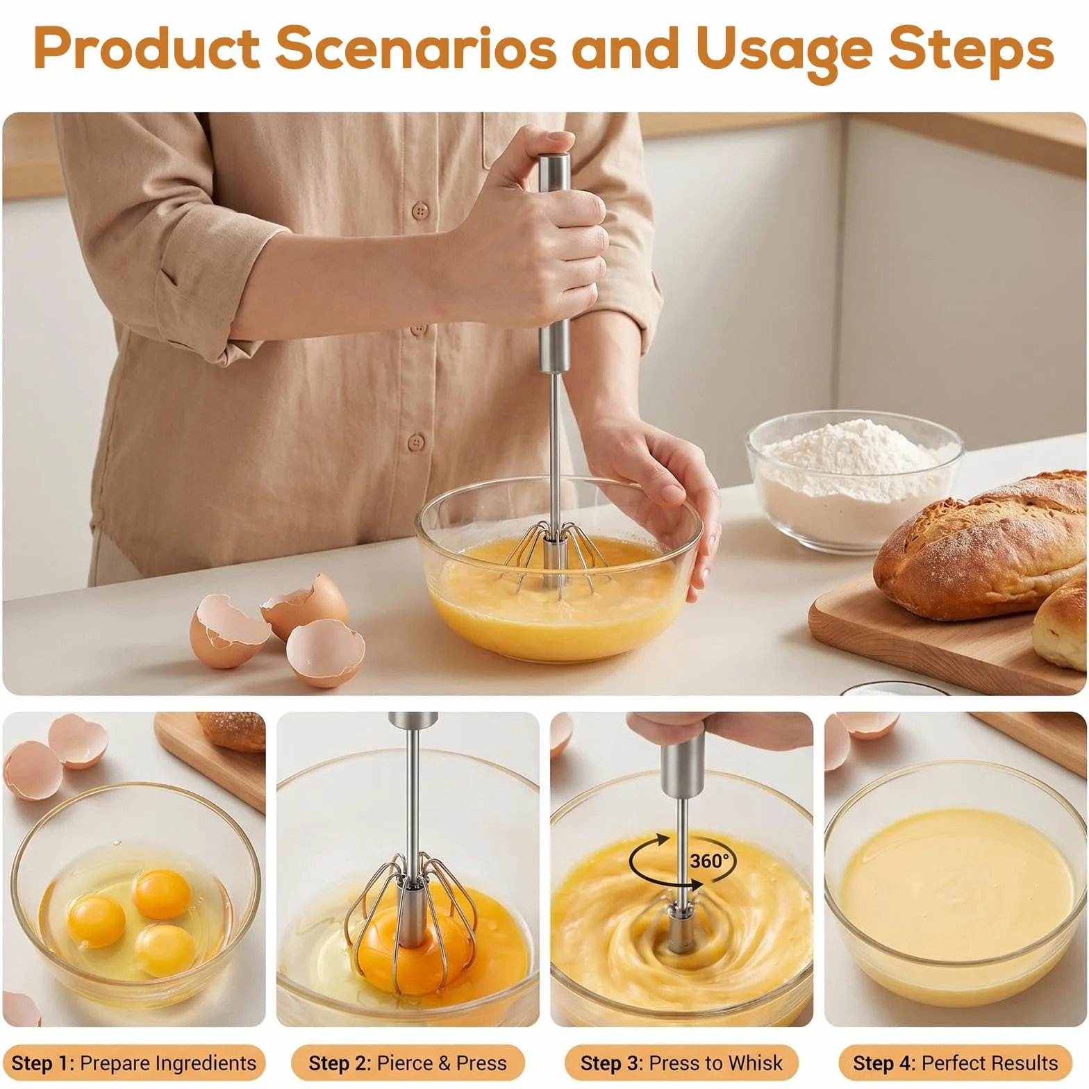 Batidor Manual semiautomático de Acero Inoxidable, Varillas Cocina Multifuncional para batir Huevos, espumar Leche y Mezclar Ingredientes en el hogar
