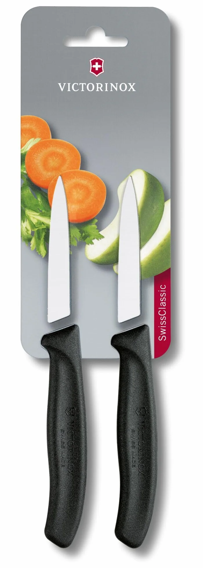 Victorinox Swiss Classic, Juego de cuchillos peladores y peladoras, 2 piezas, Hoja extra afilada, Filo recto para cortes precisos, 8 cm, Acero inoxidable, Negro