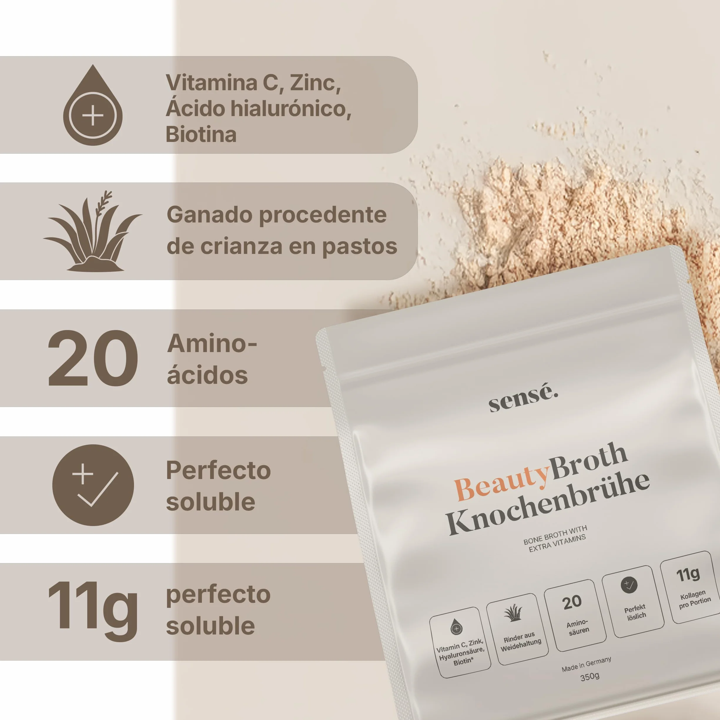 Polvo de caldo de huesos Weiderind bioactivo 350 g colágeno tipos 1,2,3 vitamina C zinc biotina ácido hialurónico