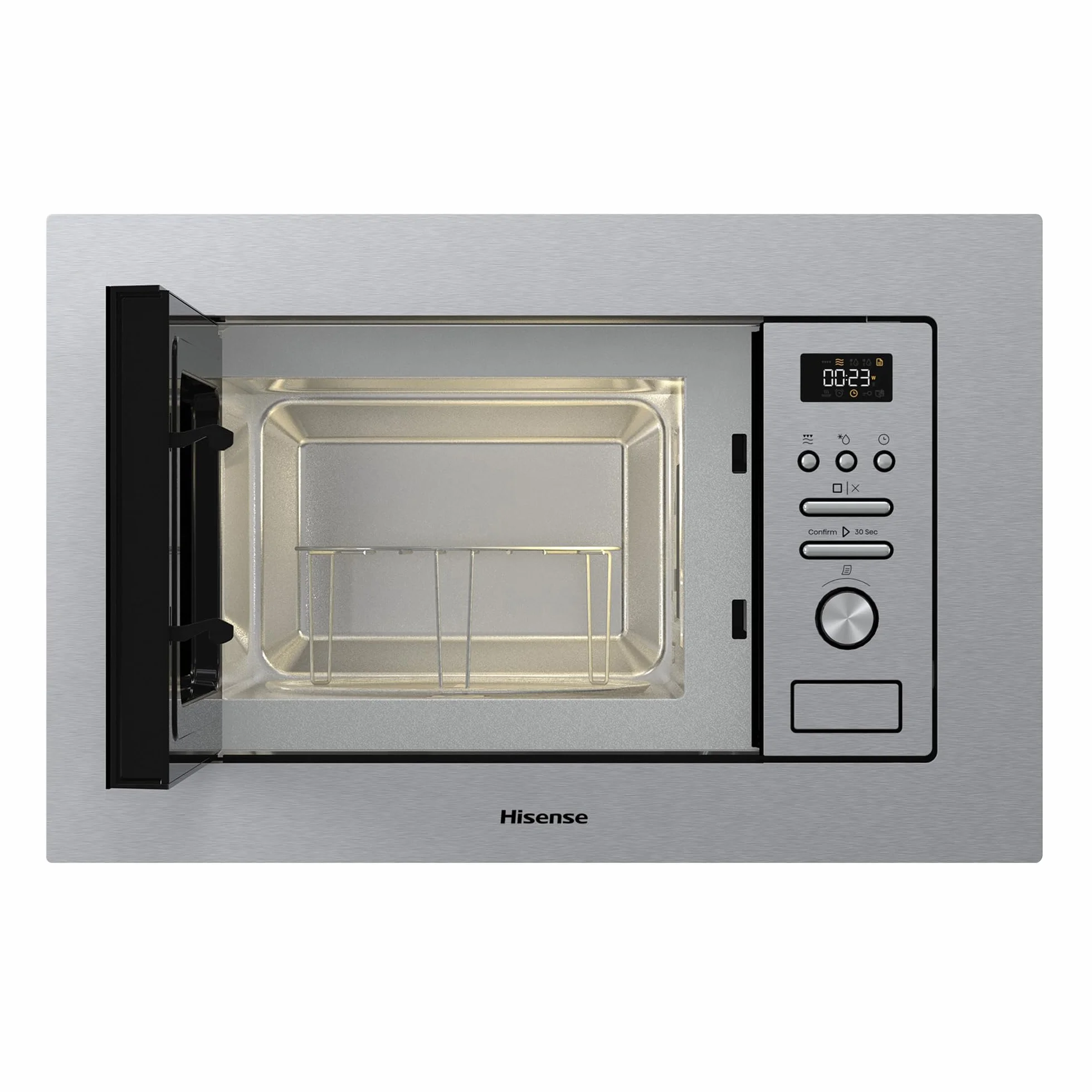 Hisense BIM320G41X - Microondas Integrable, 1000W, 20L, Alto 38.8cm x Ancho 59.5cm, Color Inox, 5 Niveles de Potencia, 15 Programas Preestablecidos, Grill Combo, Descongelar por Tiempo o Peso
