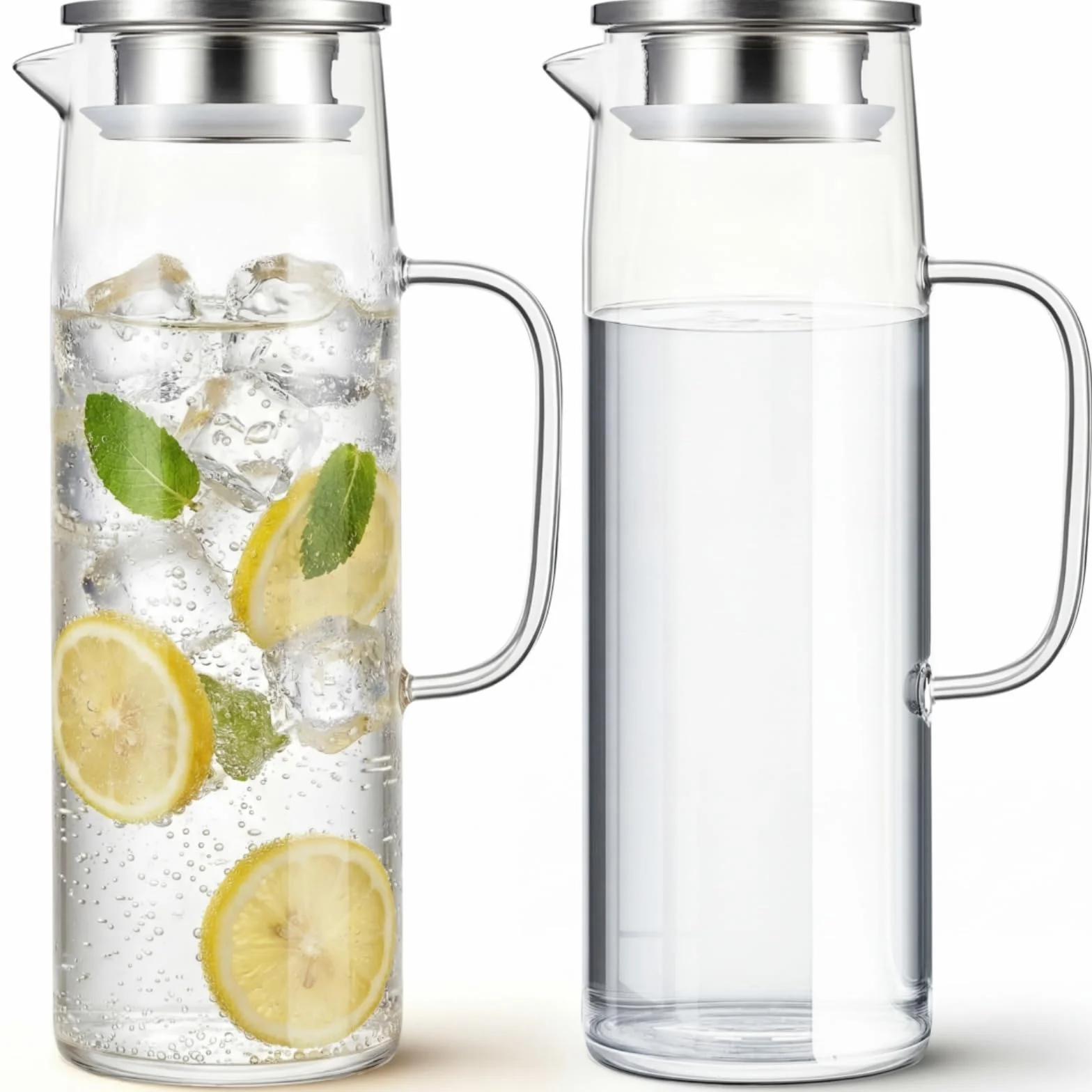 Hsei 2 juegos de jarra de vidrio con tapa, jarra de agua de 1500 ml con asas para bebidas frías y calientes, jarra de vidrio para té, jugo, leche, café, bebidas heladas