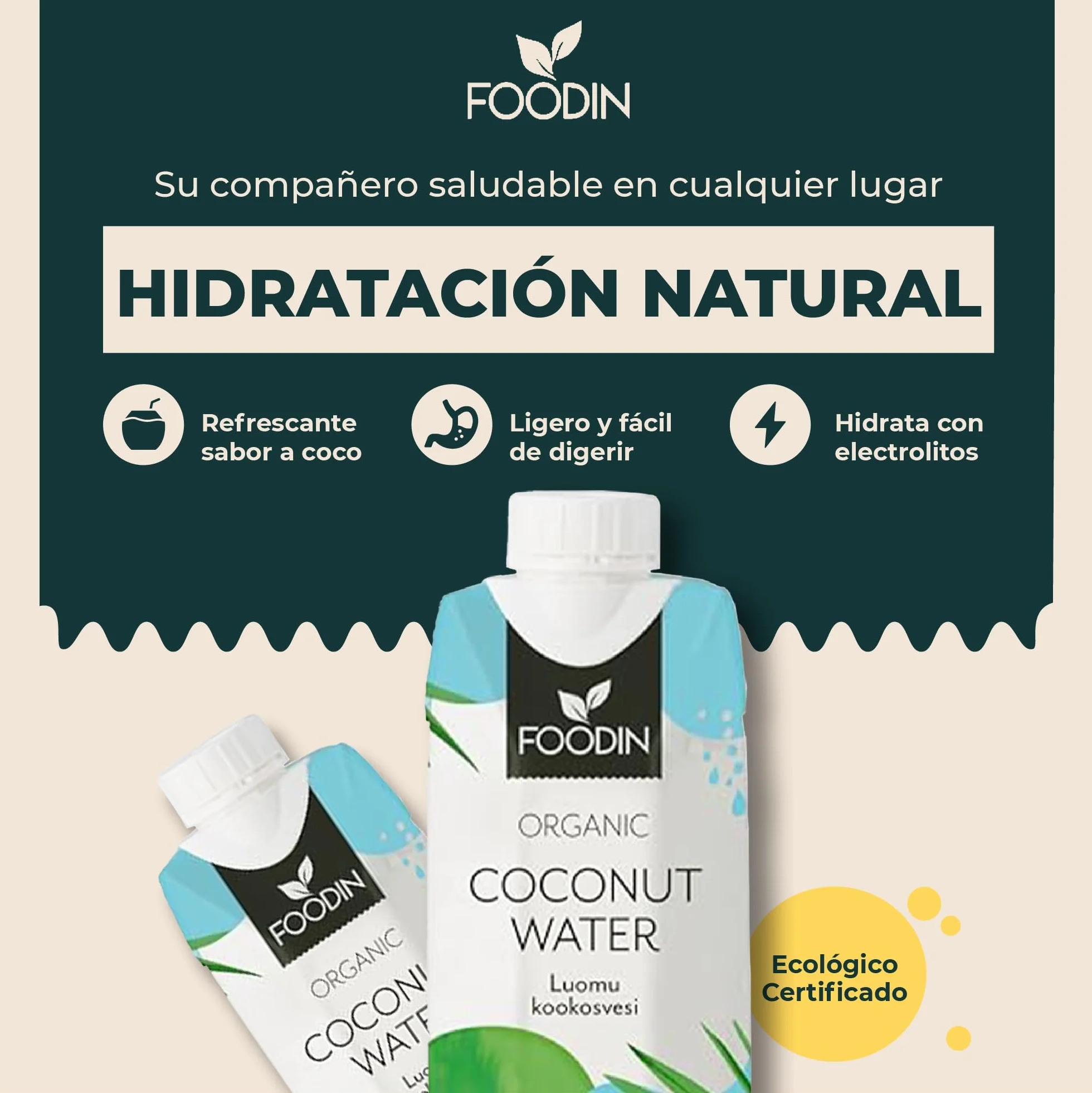 Foodin Agua de Coco Orgánica con Electrolitos, Sin Gluten, Sin OGM, Paquete de 12 (12x330ml)