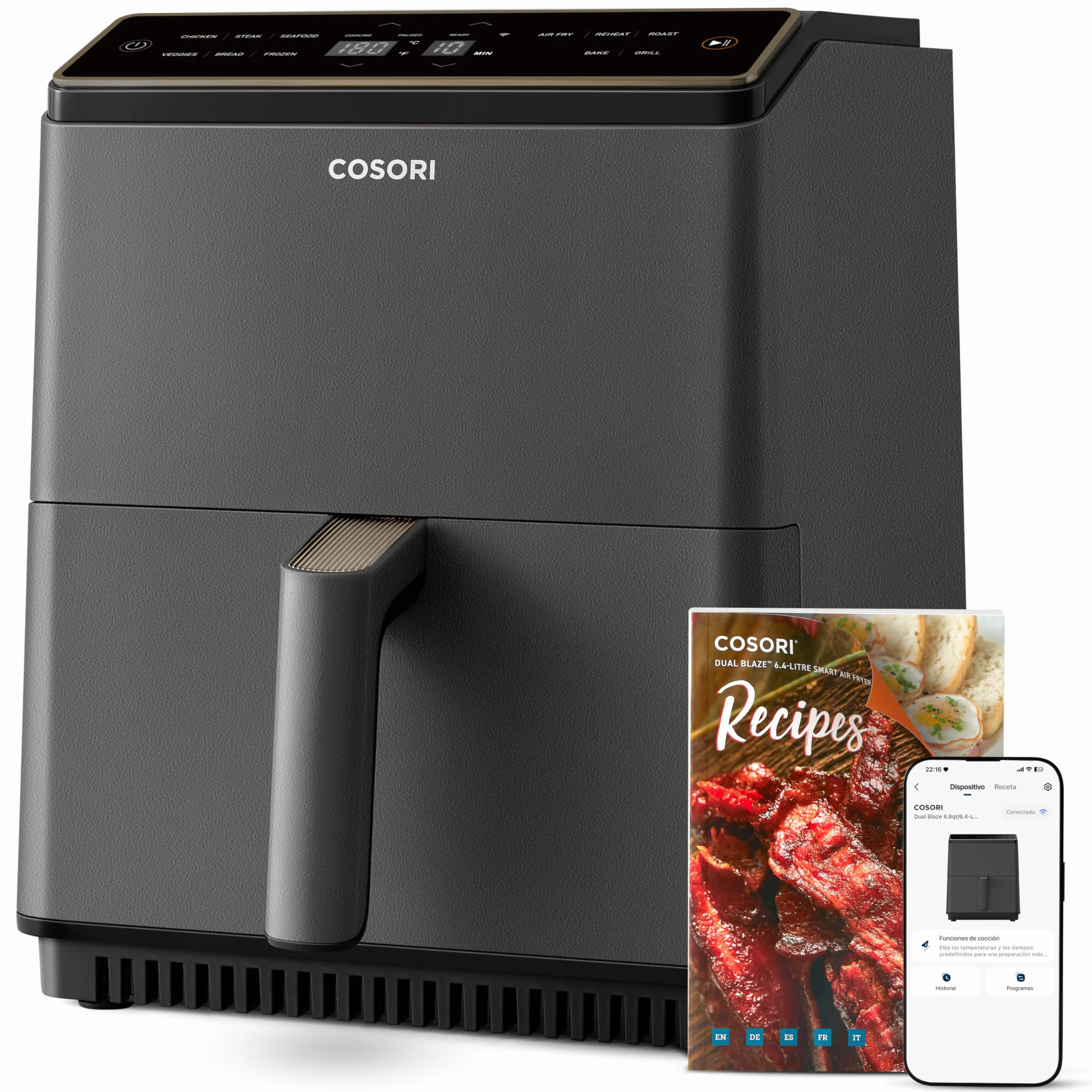 Cosori Dual Blaze Air Fryer WiFi 6.4L Freidora de Aire sin Aceite 11 en 1 App Recetas Chef Español Gris