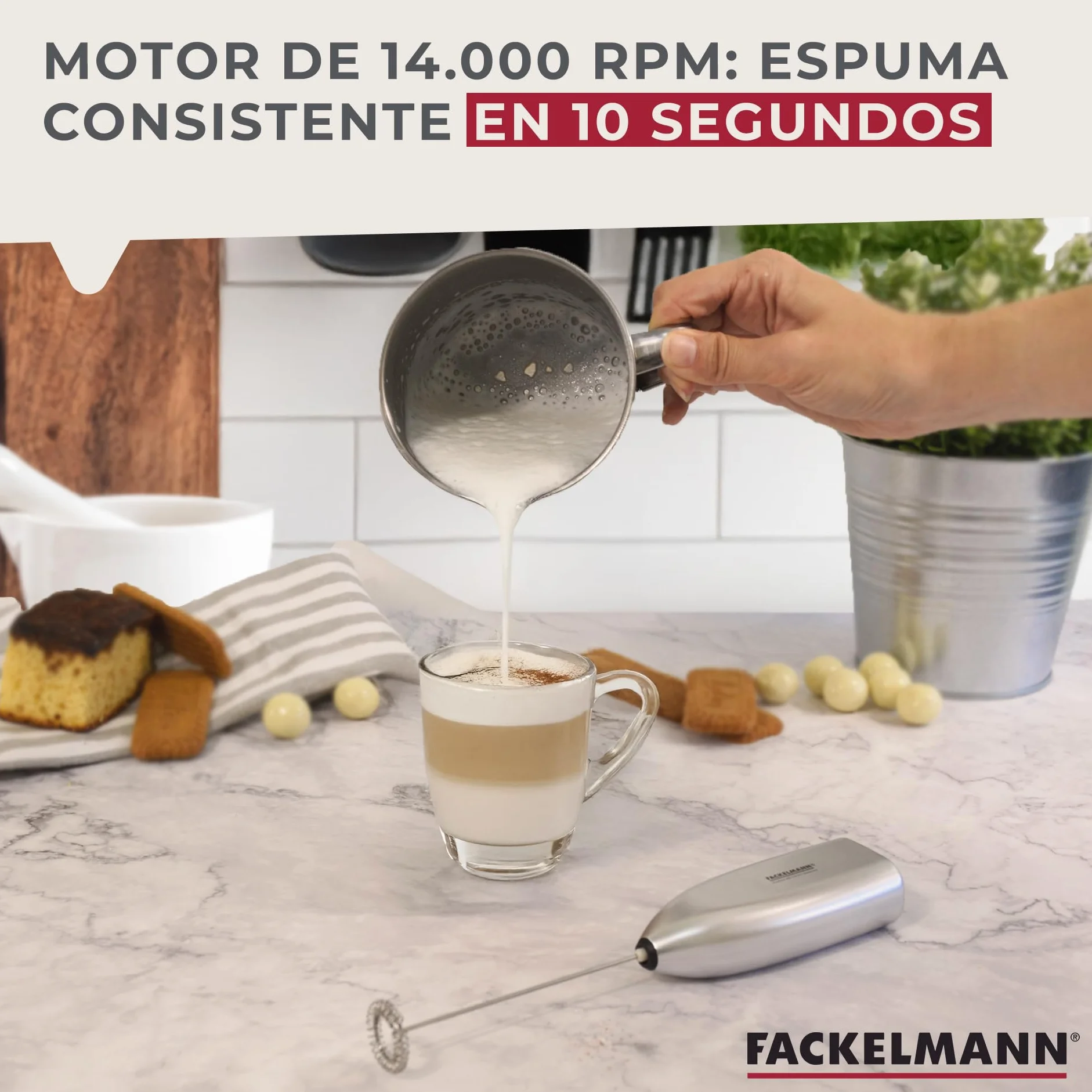 Fackelmann Espumador de Leche Eléctrico 13.500 RPM para Capuccino, Té Matcha, Portátil