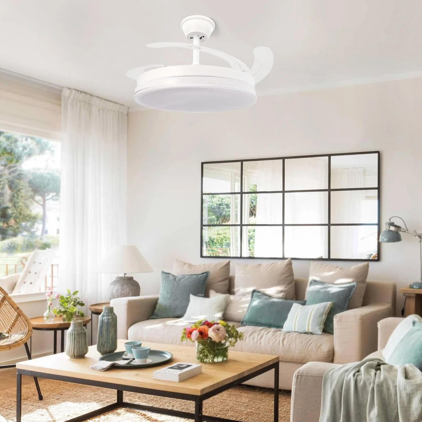 White Olga Ventilador de Techo LED 66W CCT Regulable Motor DC 36W Silencioso 6 Velocidades Aspas Retráctiles