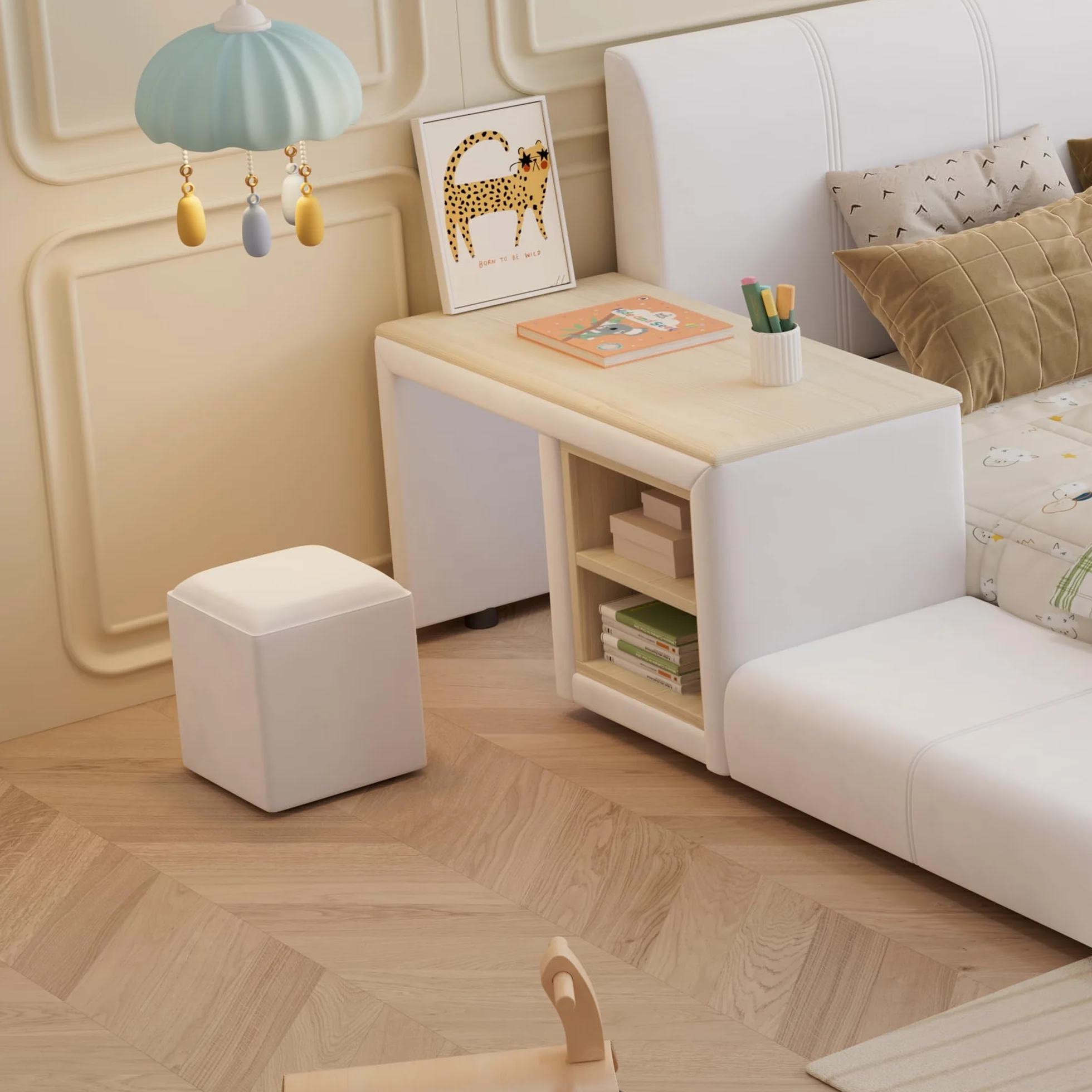 Cama tapizada con escritorio infantil y taburete, con estante, cabecero suave, cama infantil con listones de madera, terciopelo, blanco, 140 x 200 cm