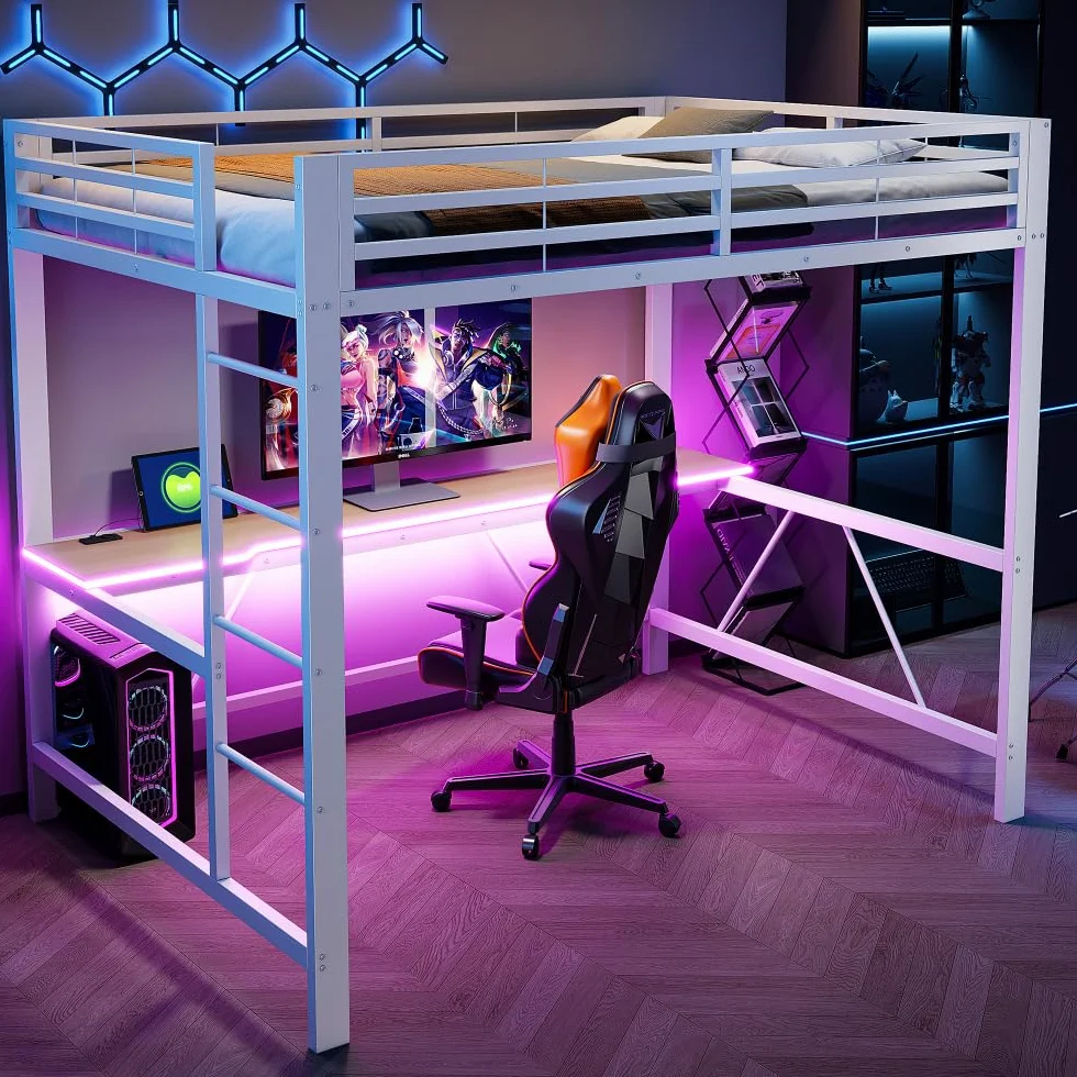 Litera de 140 x 200 cm con tira LED, USB, cama alta para niños con escritorio, ahorra espacio, estructura de cama de metal para juegos con riel, sin colchón, apto para dormitorios y otros (blanco)