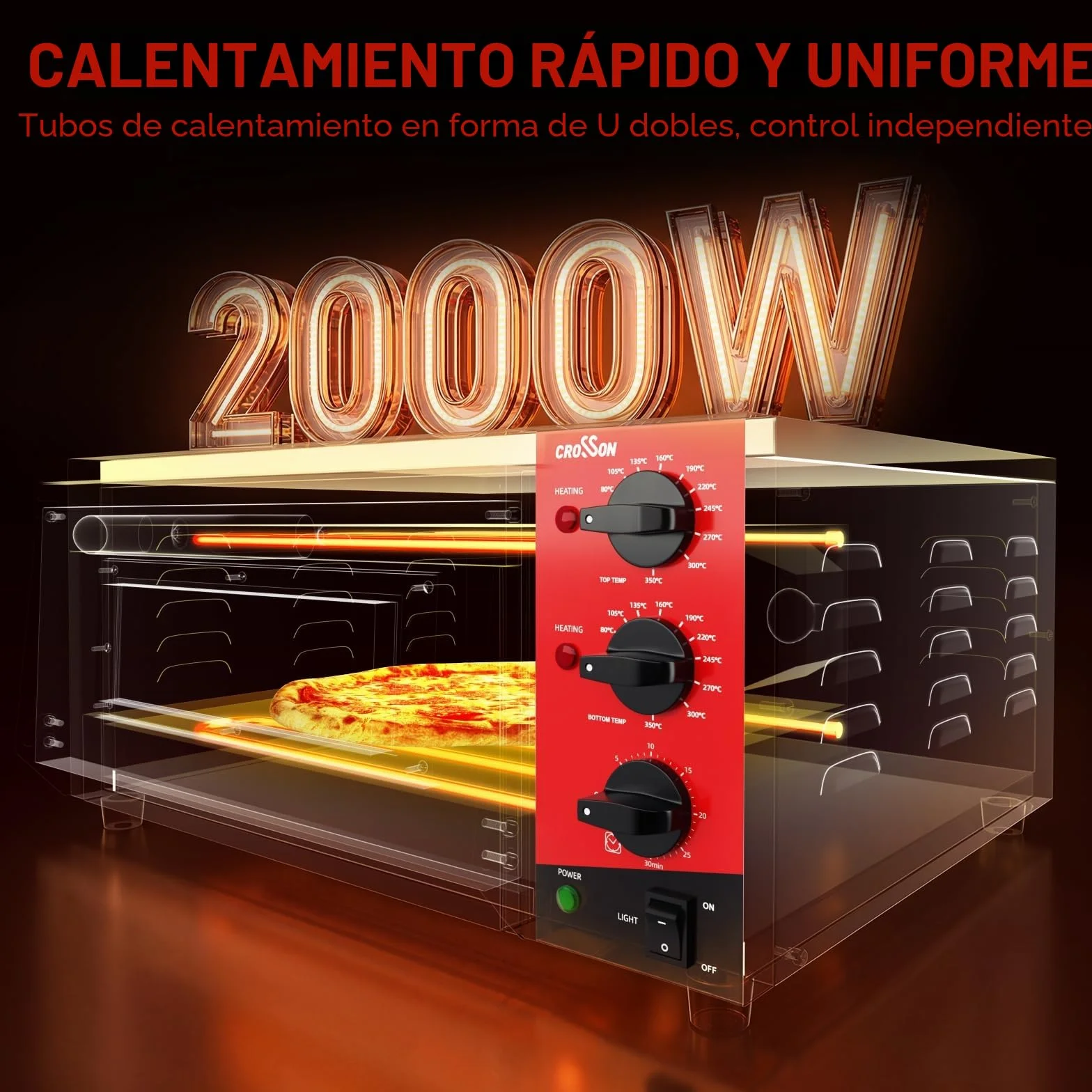 CROSSON Horno eléctrico para pizza 16 pulgadas 230V 2000W acero inoxidable con piedra y asa
