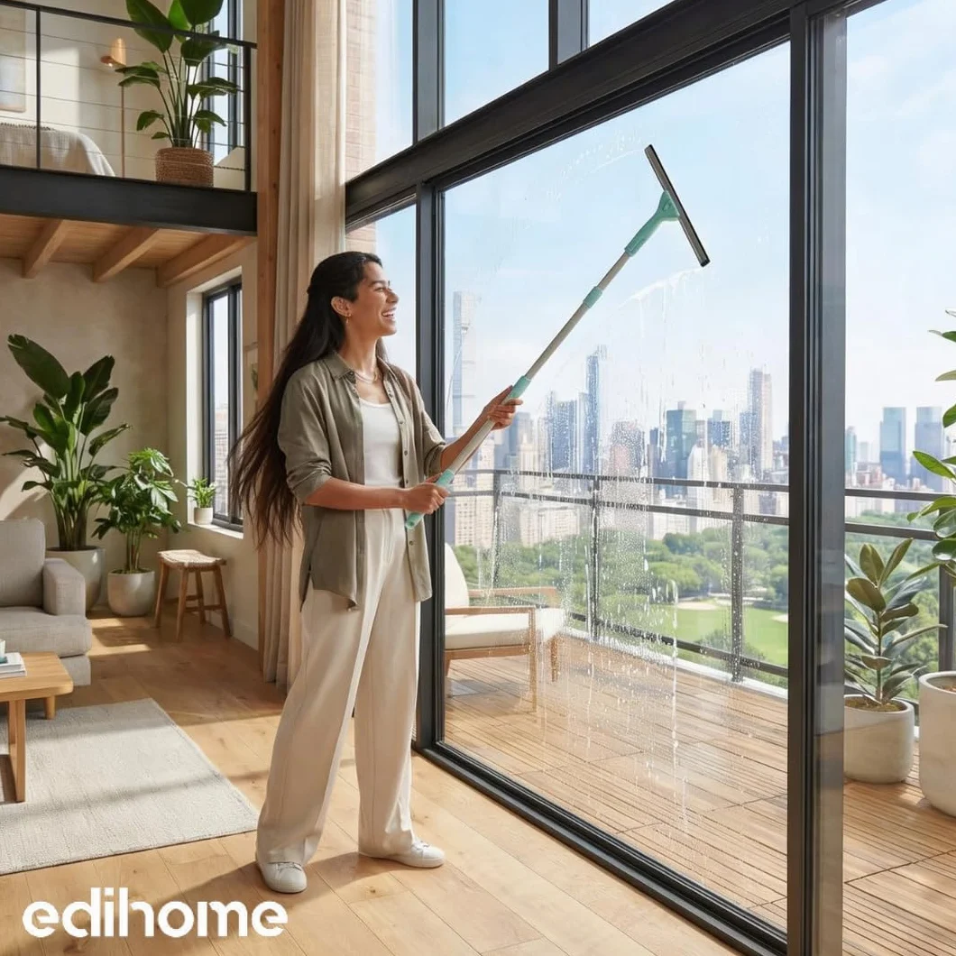 edihome, Limpia Cristales Telescópico Extensible con Longitud hasta 160 cm, Limpiacristales con 2 Cabezales, Rasqueta Tipo Escobilla de Silicona para Ventanas, Ducha y Espejo (Set Completo)