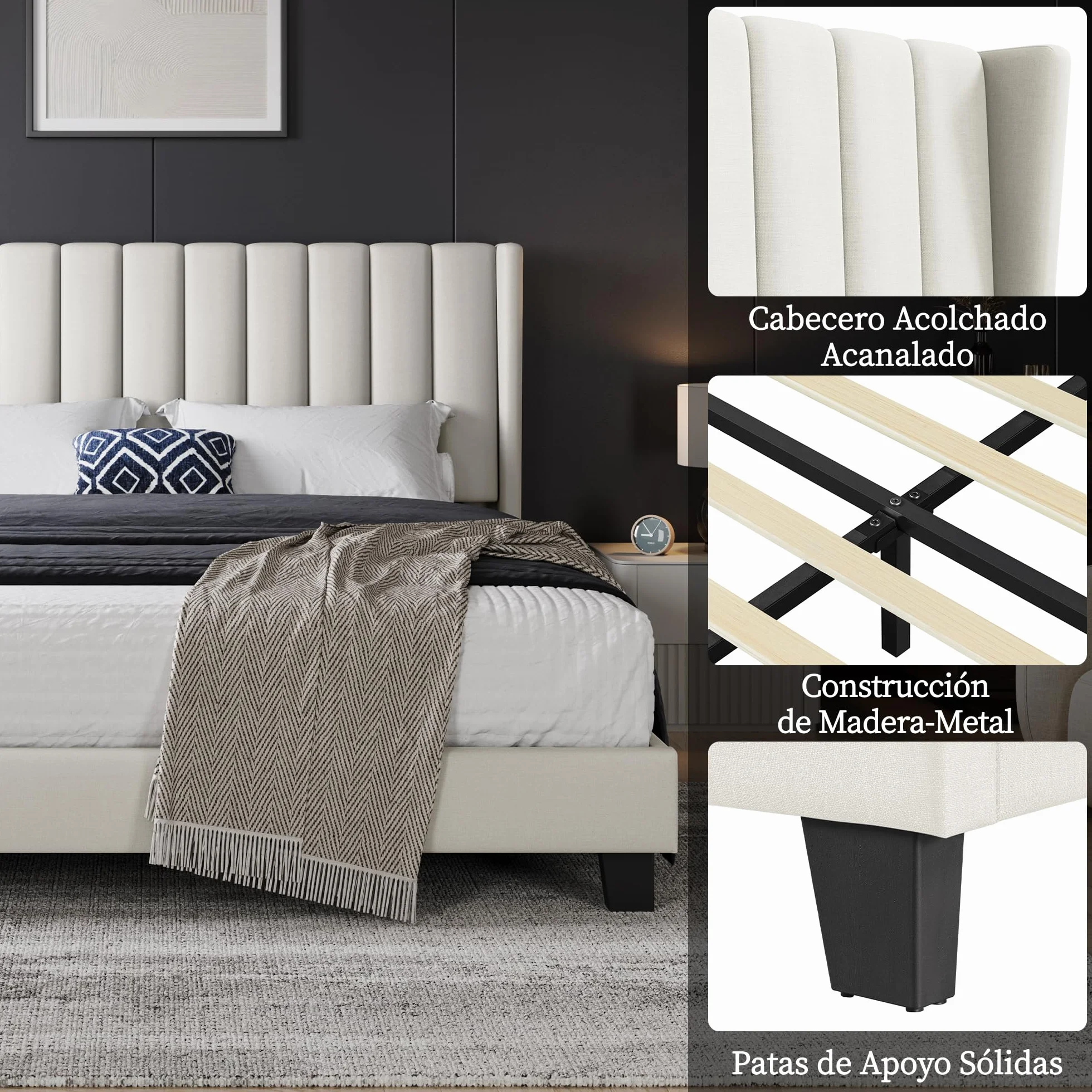 Cama tapizada 160 x 200 cm Cabecero a Rayas con Alas Láminas de Madera y Metal Beige