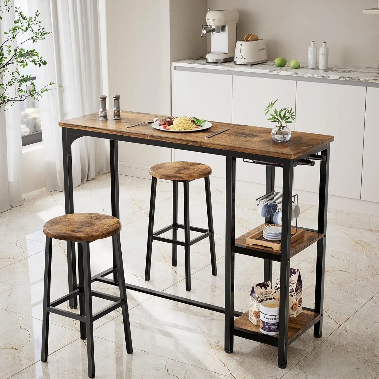 Bealife Juego de Mesa de Bar Alta con 2 Taburetes - Mesa Alta para Cocina o Salón con 2 Estantes y Portabotellas de Vino (Retro)