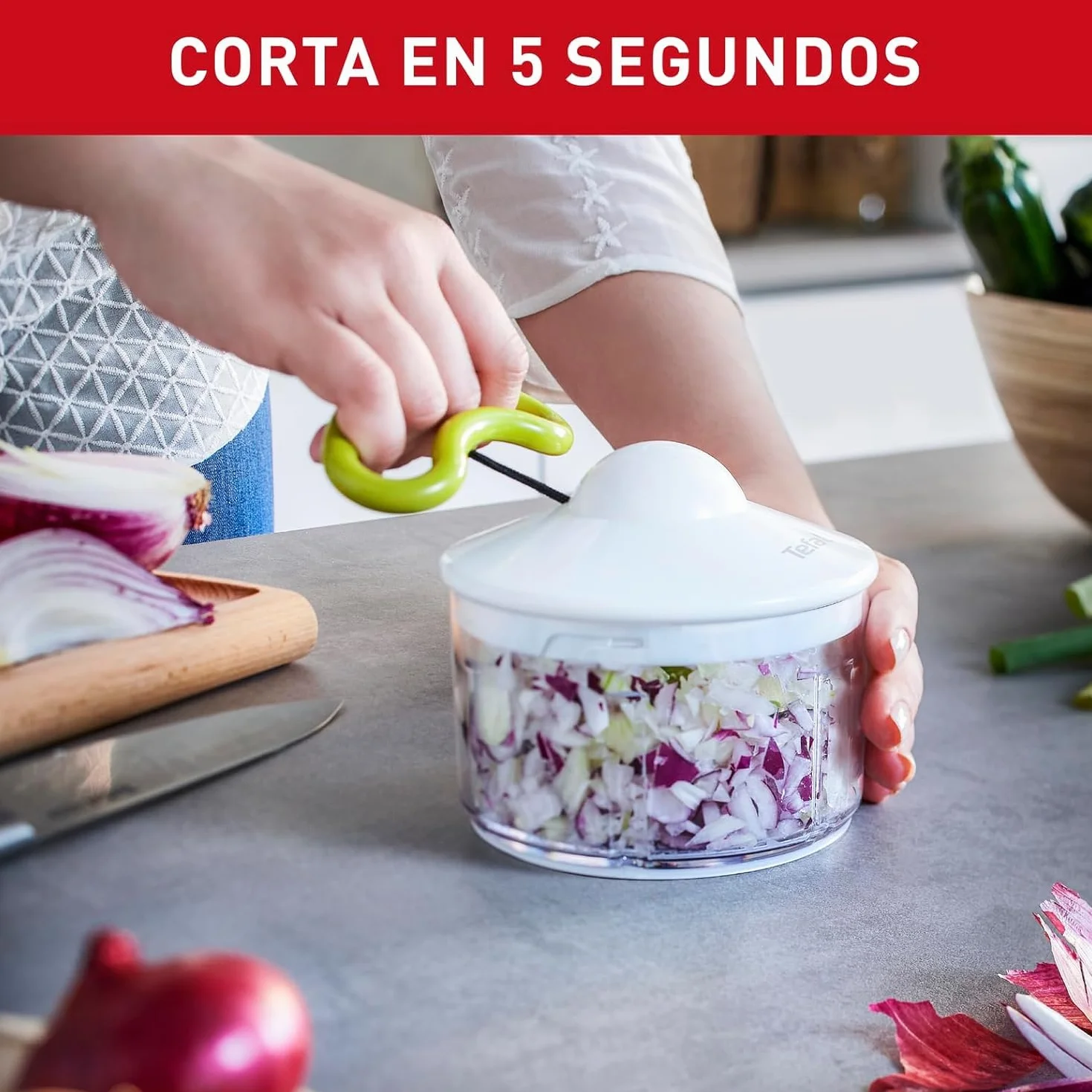 Tefal Picadora Manual 500 ml 2 Cuchillas Independientes Picado Grueso Medio Fino Base Antideslizante