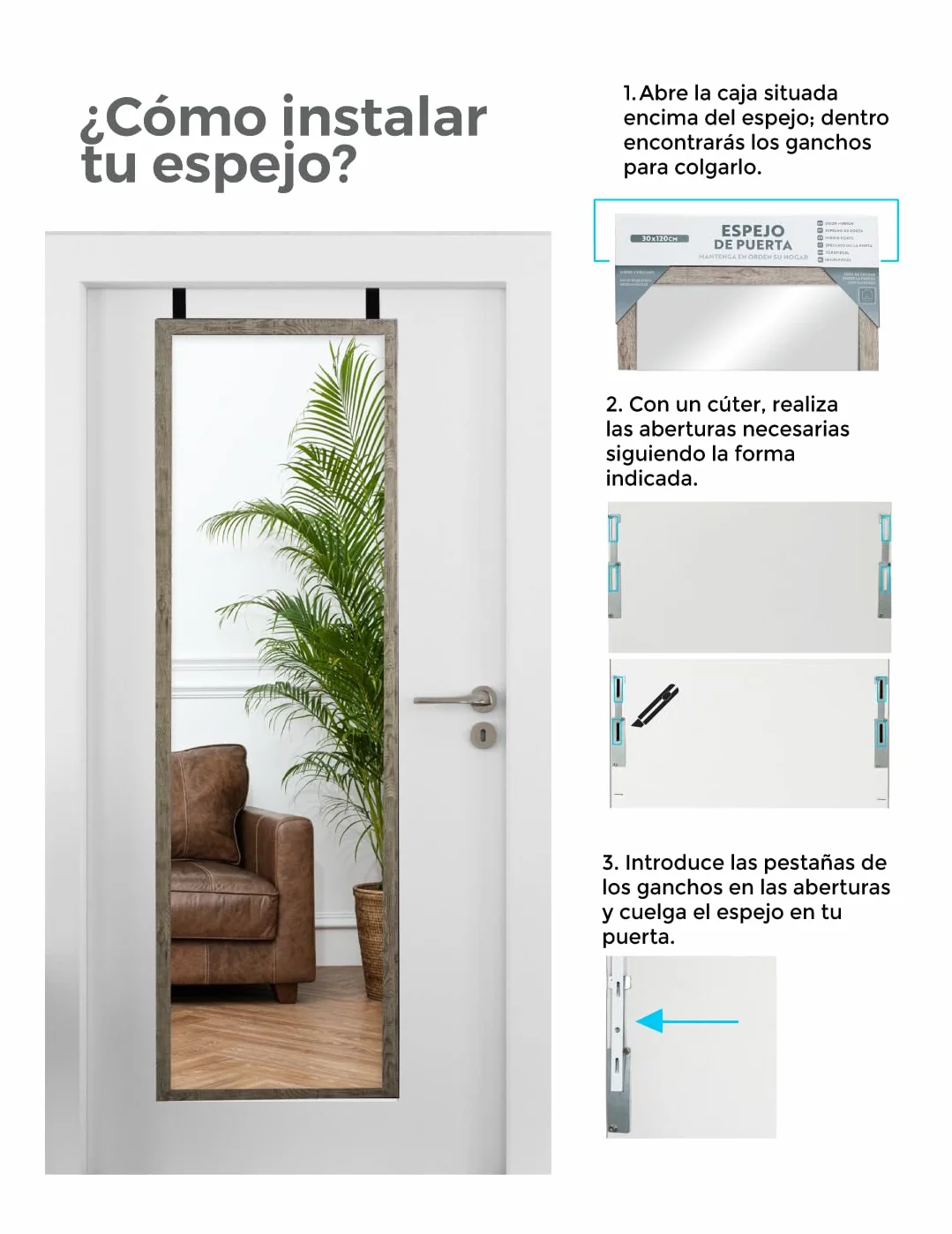 CHELY INTERMARKET MOD19004 Espejo De Puerta Cuerpo Entero Marrón Estilo Decorativo Vertical 30x120 cm para Dormitorio Entrada Montaje Fácil Incluye Kit De Ganchos Soporte PVC Ligero
