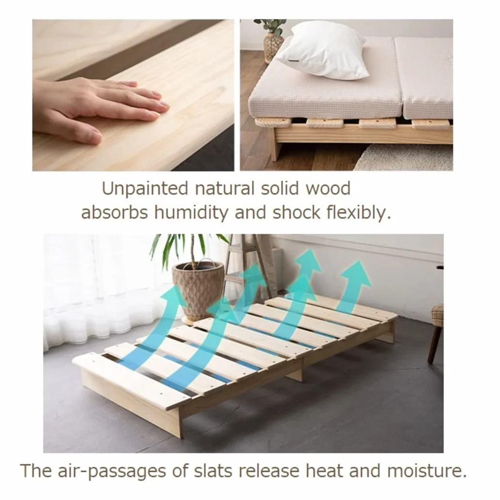EMOOR Estructura de Cama Baja Listones de Madera KAN SUNOKO 97 x 197 cm para Futón Colchón Japonés Pino Macizo (Sin Pintar), Tatami Dormir en el Suelo