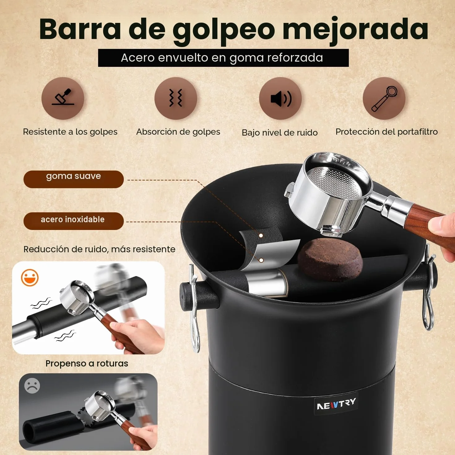 NEWTRY Café Knock Box Commerciale Recipiente para Posos de Caja de Café Deposito, cubo de Gran Capacidad de 19L para Barista, Cafetería, Bar