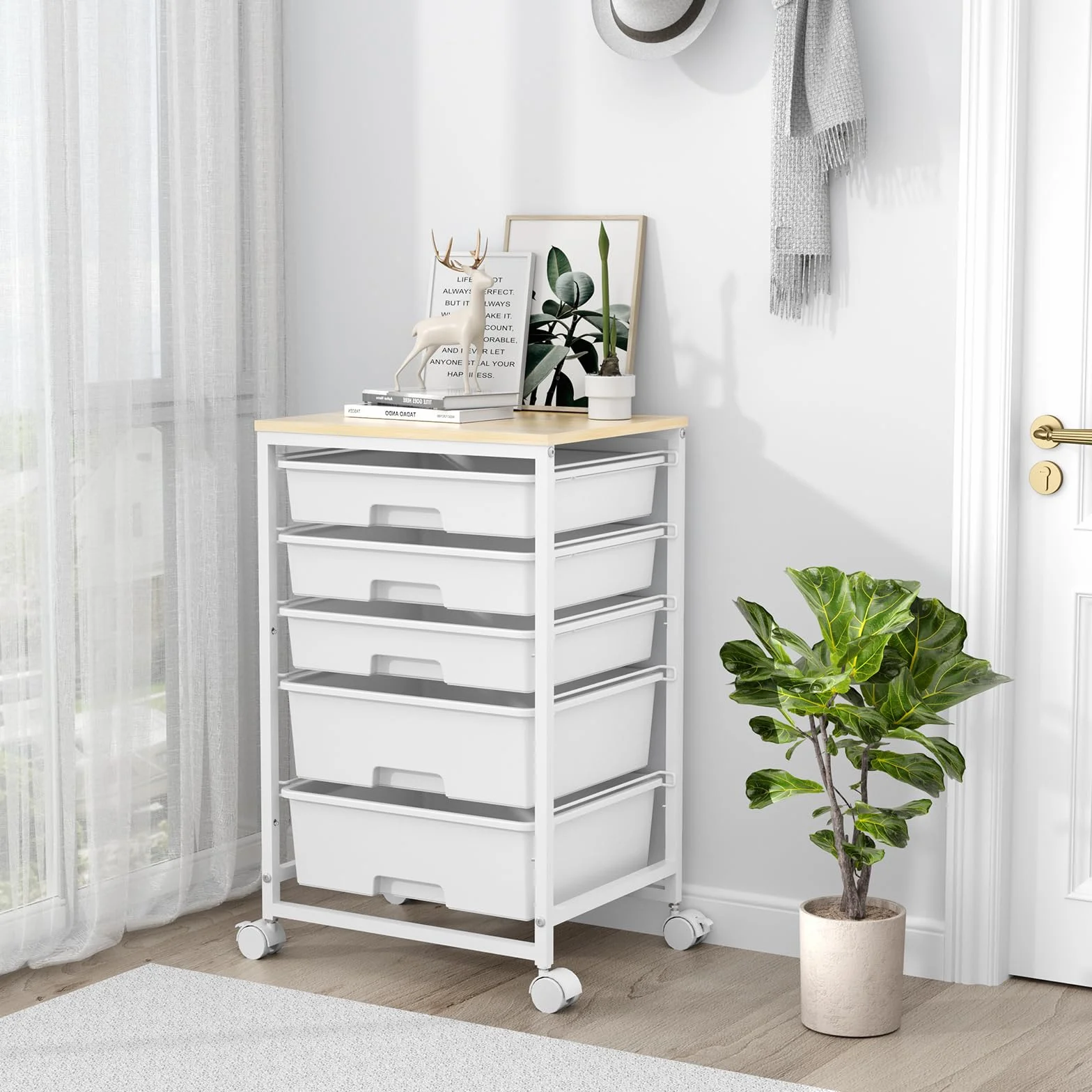 SYKIARIOL Carrito utilitario con 5 cajones, carrito de almacenamiento con mesa de madera y ruedas bloqueables, carrito de almacenamiento de manualidades, carrito de utilidad rodante de 5 niveles con