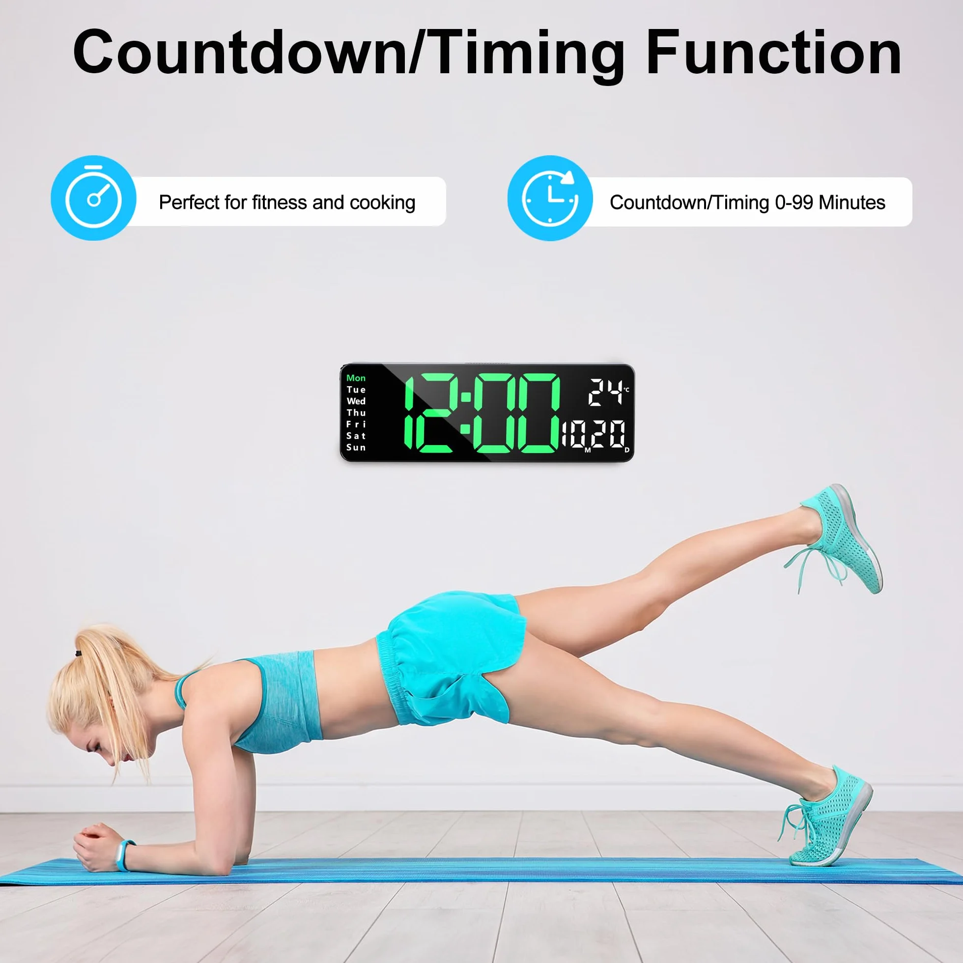Reloj Digital Pared LED Grande 32cm Silencioso con Control Remoto Temperatura Fecha 2 Alarmas Brillo Ajustable 12/24 Horas Verde