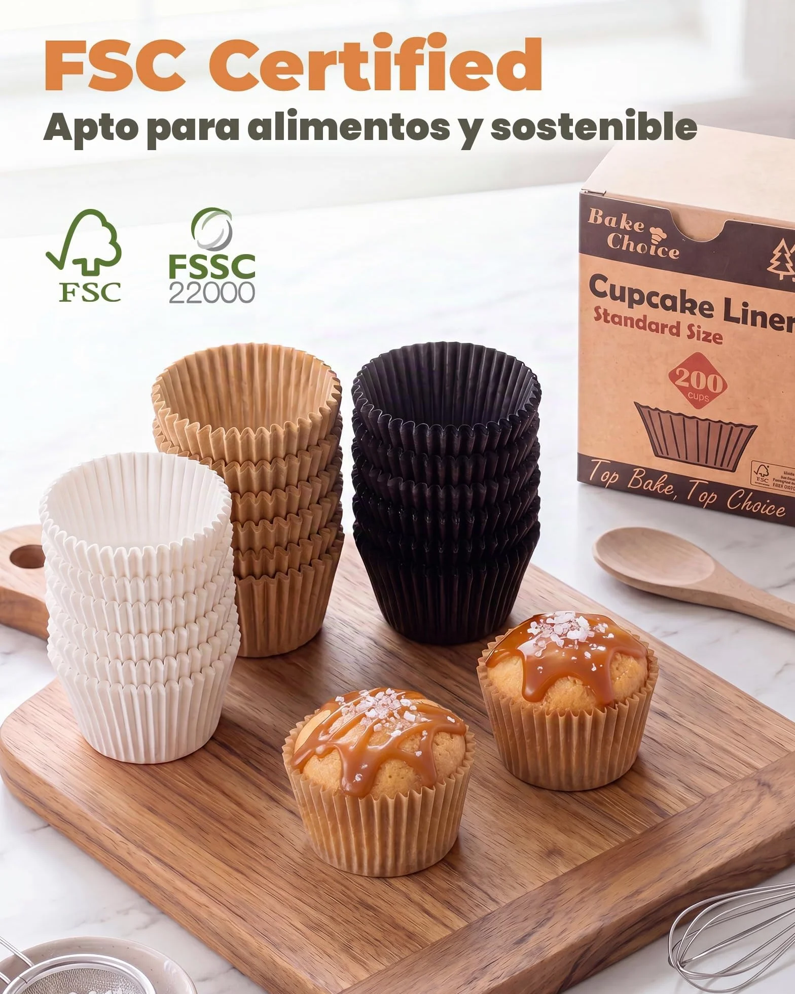 Moldes Magdalenas Papel,200 Piezas Estándar,Pergamino Antiadherente de Grado Alimenticio,Sin Blanqueamiento & Natural,Moldes Papel Magdalenas,Tamaño Estándar