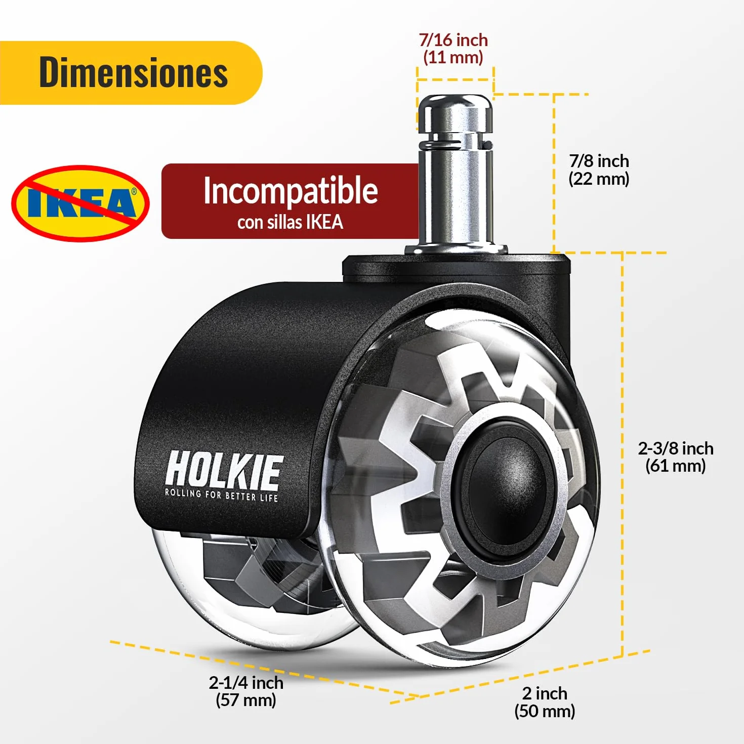 HOLKIE Ruedas Para Silla Oficina 11 x 22 mm Gris Juego de 5 Ruedas de Goma Suaves 360 Grados Rotación