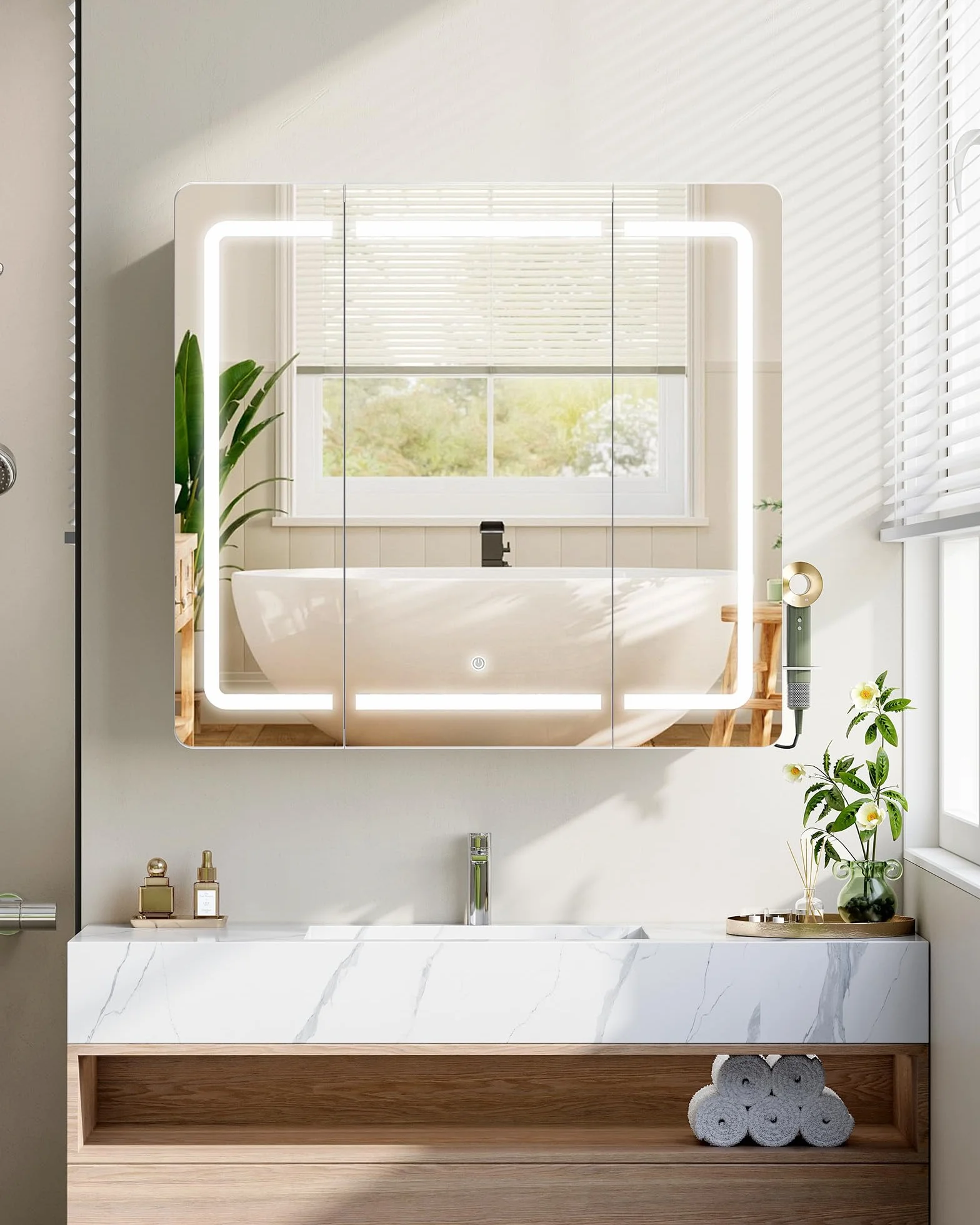Armario Espejo Baño con Luz LED, Espejo Plegable 3 Puertas, Estantes Ajustables, 16,5x80x75 cm Blanco