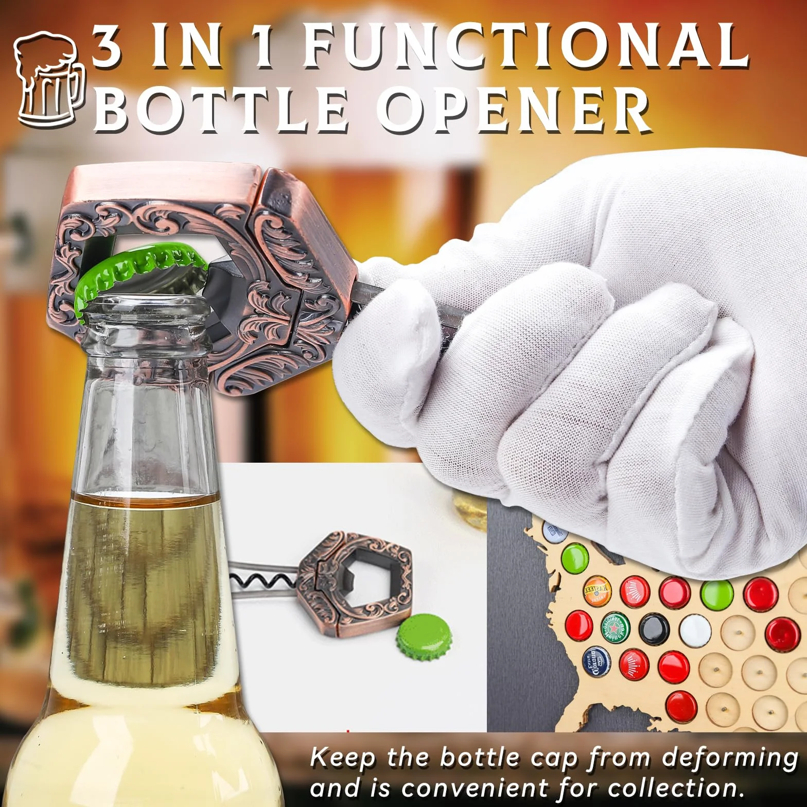 Abridor de Vino Ah So para Botellas Antiguas, Abrebotellas de Antiguo 3 en 1, Extractor Corcho Dos Puntas con Corkscrew de Cerveza, Sacacorchos de Amigos Camareros, Regalos para Hombres (Cobre)