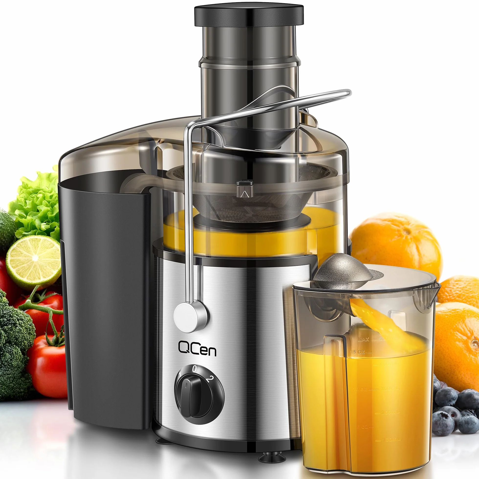Extractor de Zumos Centrífugo de 500W con Boca Ancha de 3 Pulgadas, Fácil de Limpiar, Acero Inoxidable, Sin BPA, Ideal para Frutas y Verduras