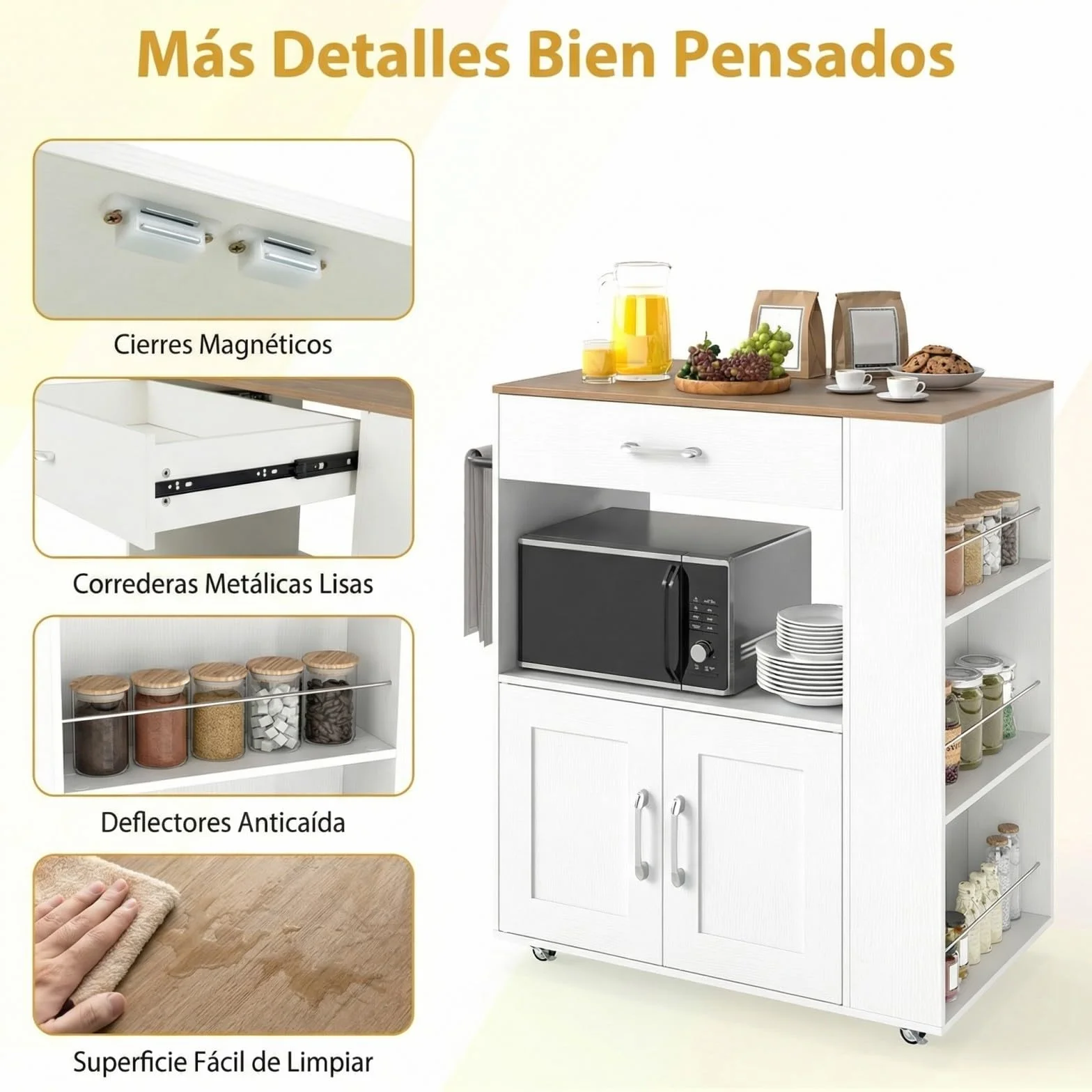 COSTWAY Carrito de Cocina con Ruedas, Armario de Sevicio Rodante con 3 Estantes Abiertos y un Cajón, Armario Grande de 2 Puertas, Carrito de Almacenamiento con Toallero y 2 Ruedas Bloqueables, Blanco