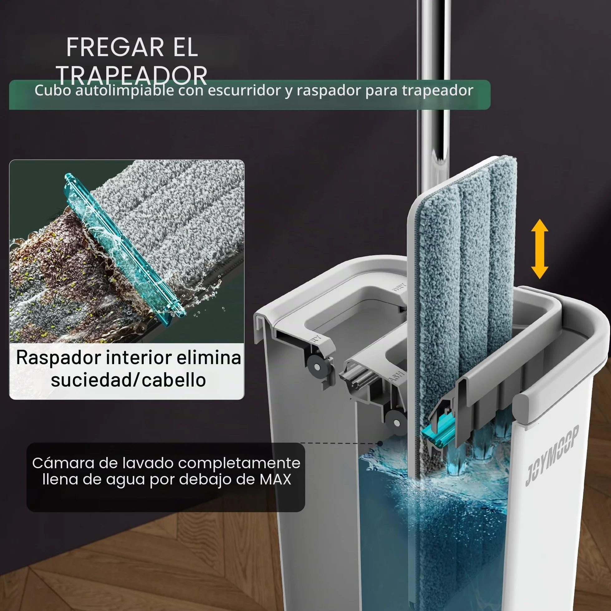 JOYMOOP Fregona plana con cubo escurridor, 3 almohadillas microfibra lavables, limpieza suelos seco y húmedo