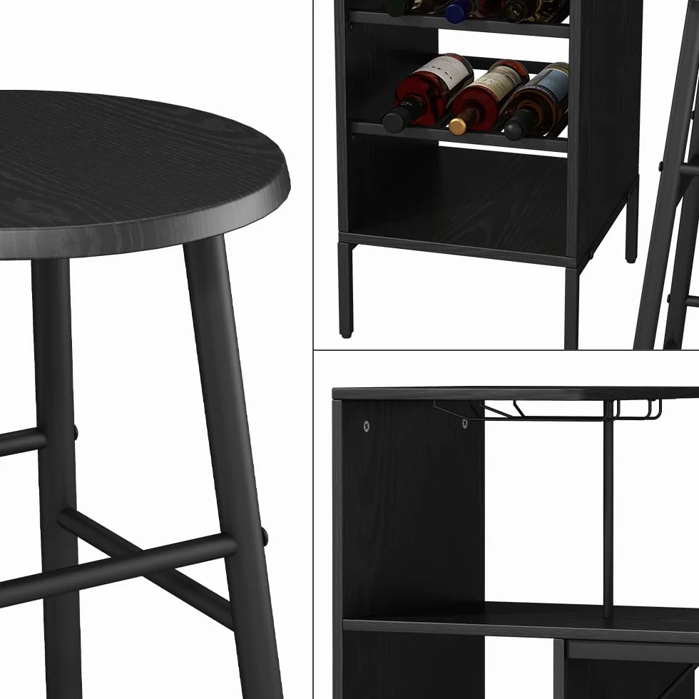 Vicco Juego de Mesa de Bar Naila, Negro, 121.5 x 40 cm con 2 taburetes, Apto como Comedor con Superficies de Almacenamiento para Guardar Objetos