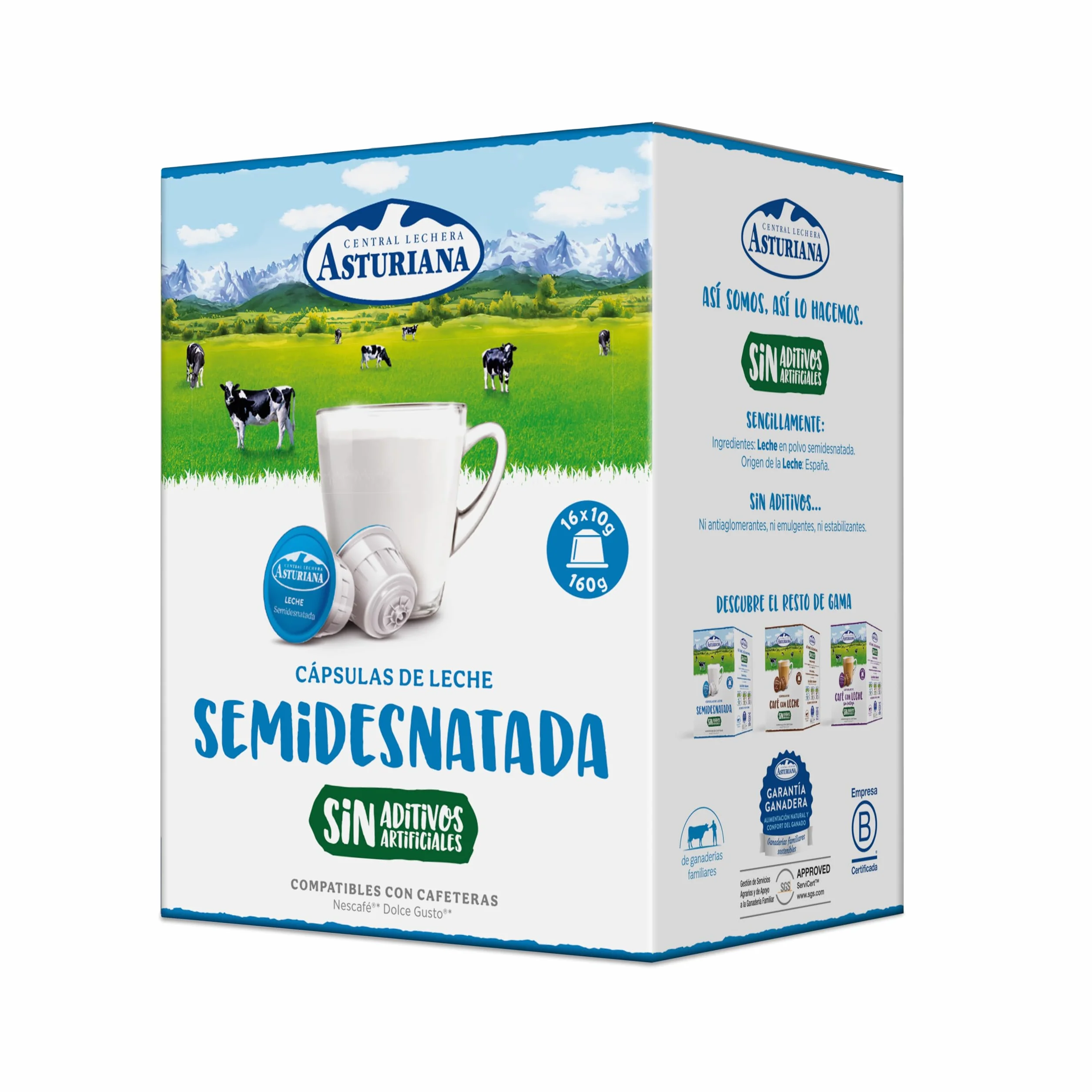 Central Lechera Asturiana Cápsulas de Leche Semidesnatada, 4 x 16