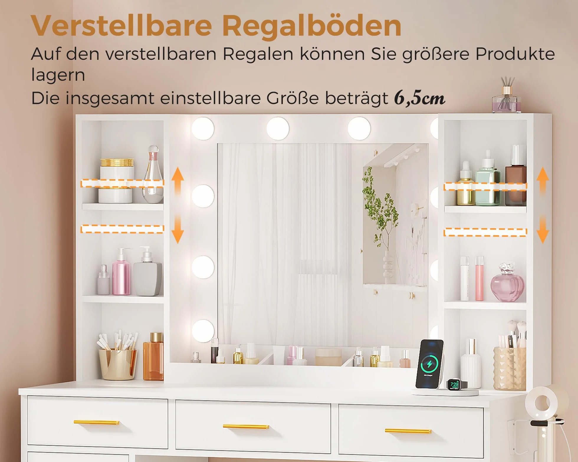 ANWBROAD Tocador de Maquillaje Grande con Luz LED y Enchufes 140x110x40cm BDT86W