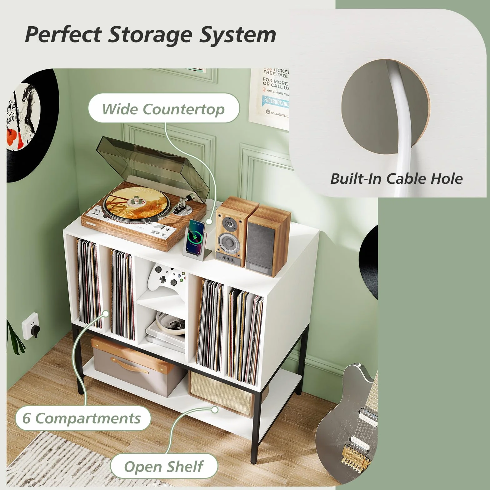 GIANTEX Soporte para Tocadiscos con 6 Compartimentos y Estante Abierto, Armario para Discos de Vinilo, 80 x 45 x 79,5 cm, Blanco