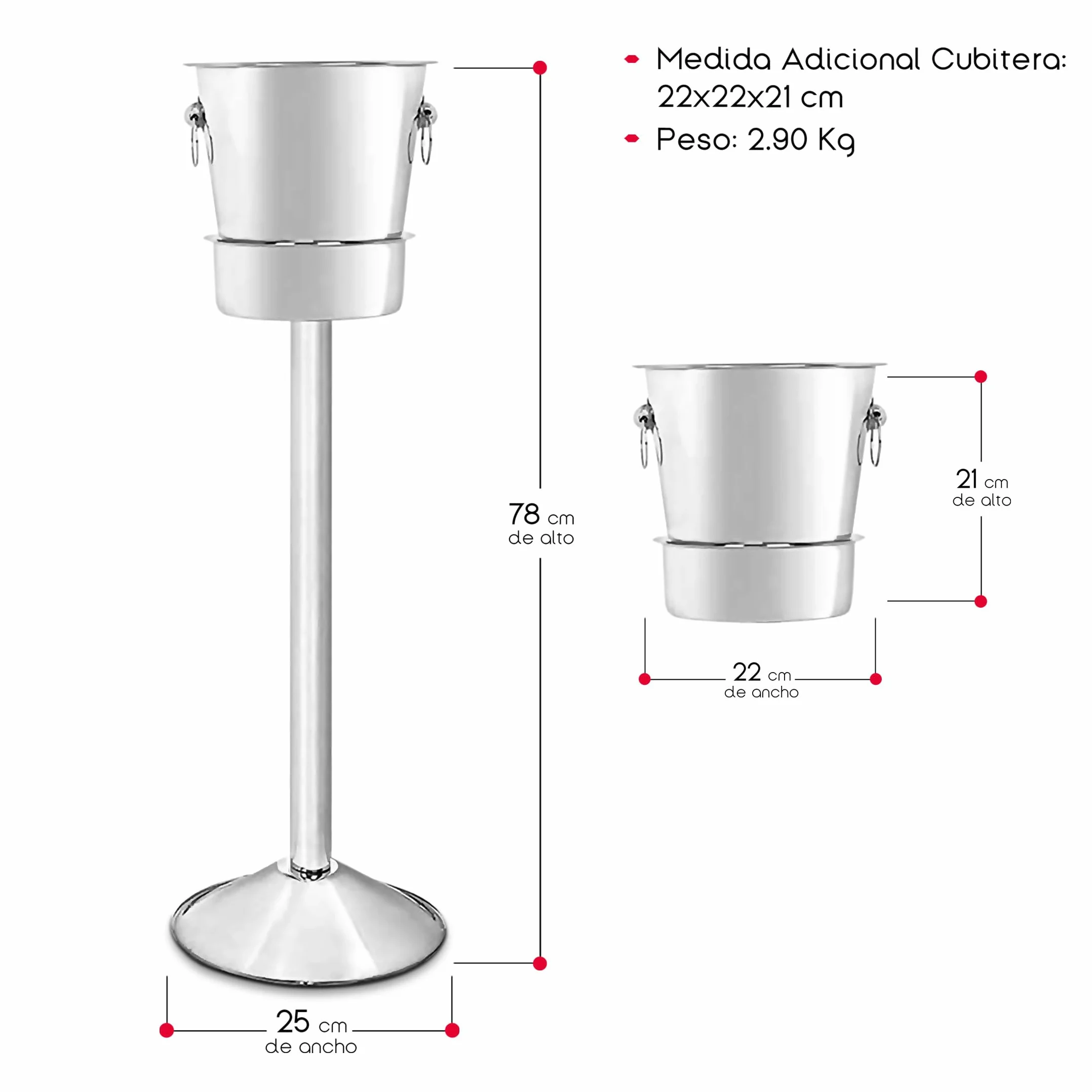 TIENDA EURASIA – Cubitera con Soporte | Cubo Metálico para Cubitos de Hielo con Asas | Acero Inoxidable | 25x25x78 cm | Plateado | Medida Adicional Cubitera 22x22x21 cm | Cubiteras para Botellas