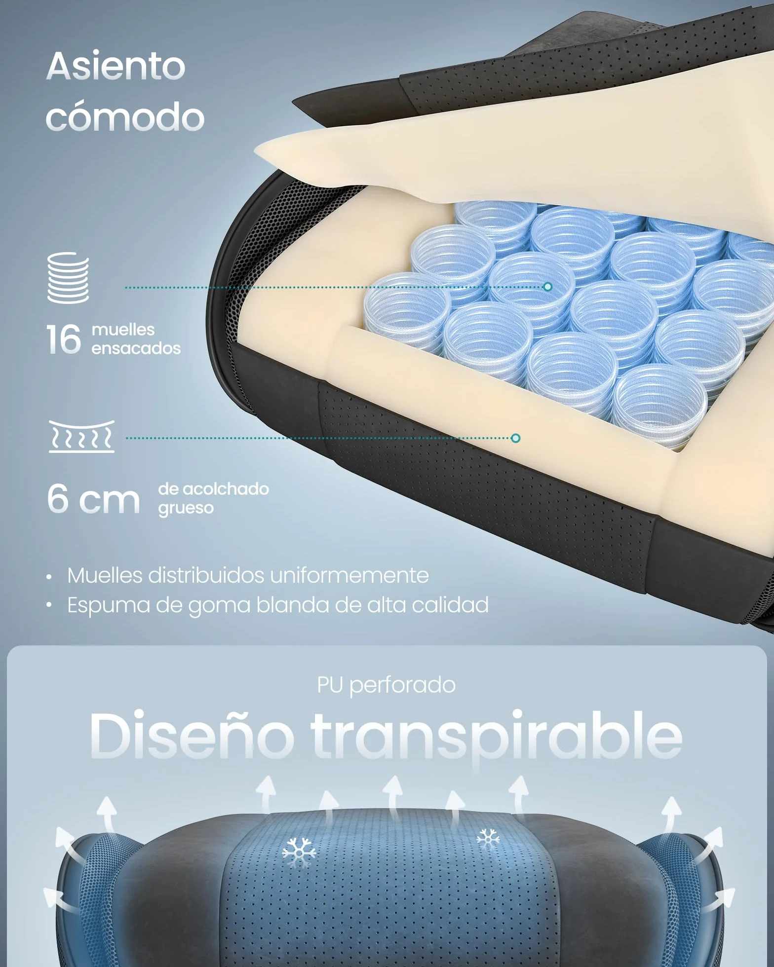 SONGMICS Silla Gaming Ergonómica de Escritorio con Resortes Reposapiés Reposabrazos Negro Tinta