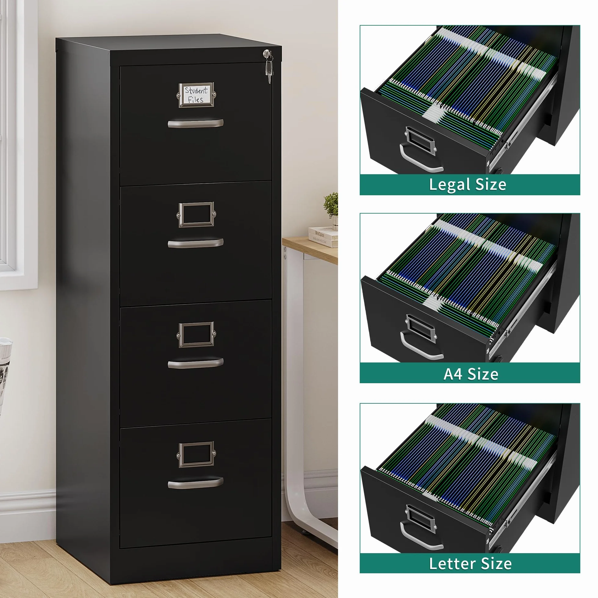 YITAHOME Archivador vertical con 4 cajones, con cerradura para tamaño carta/legal/A4, cajones de almacenamiento antivuelco con ranura para tarjetas de taco para oficina en casa, negro, 45,8 x 45 x 133