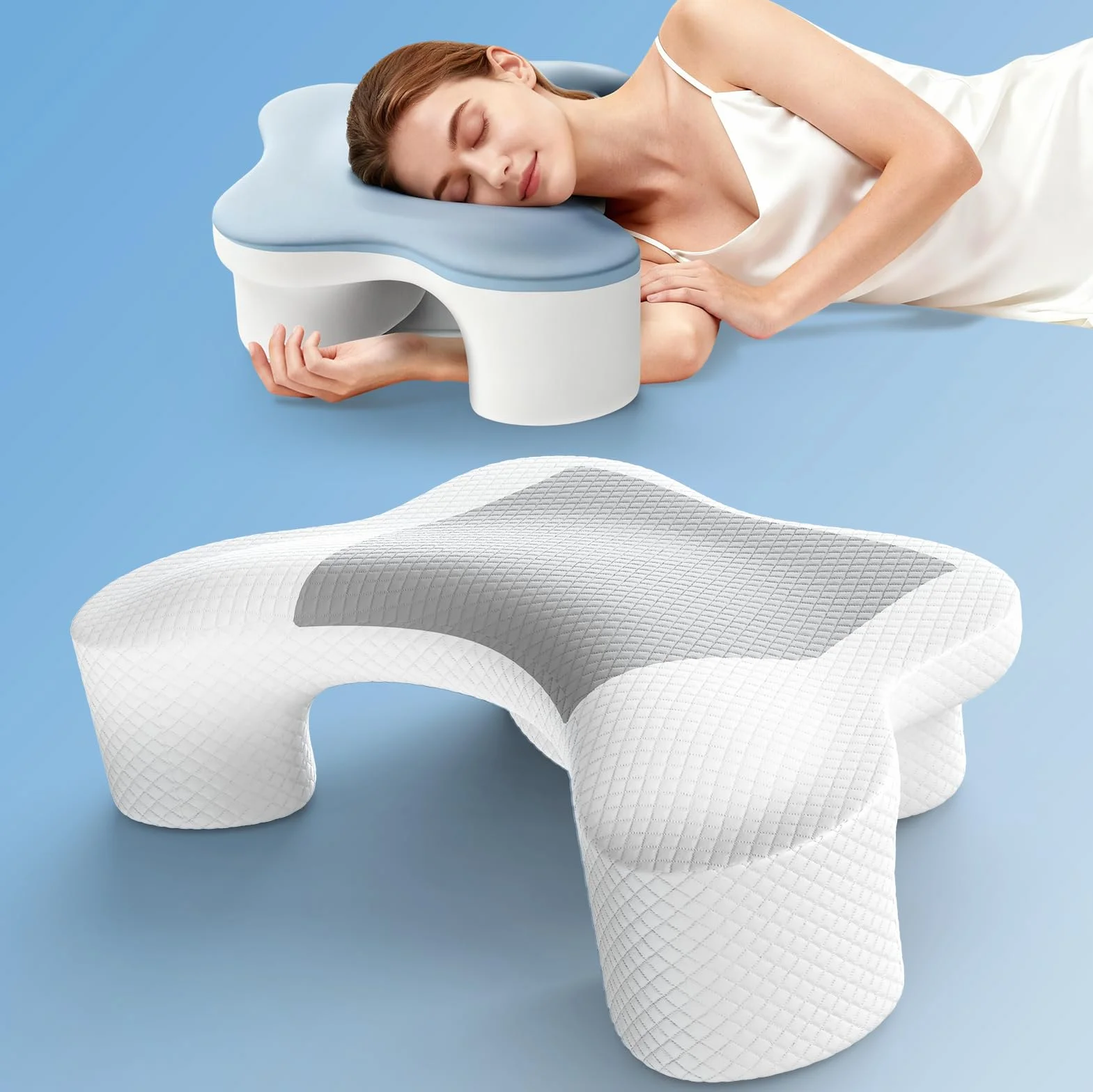 Almohada Cervical con Orificio Para el Brazo, 2 en 1 Almohada Ergonómico Espuma de Memoria Almohada para Soporte de Cabeza I Cuello I Hombro, Relajación y Alivio del Estrés con 2 Fundas de Almohada