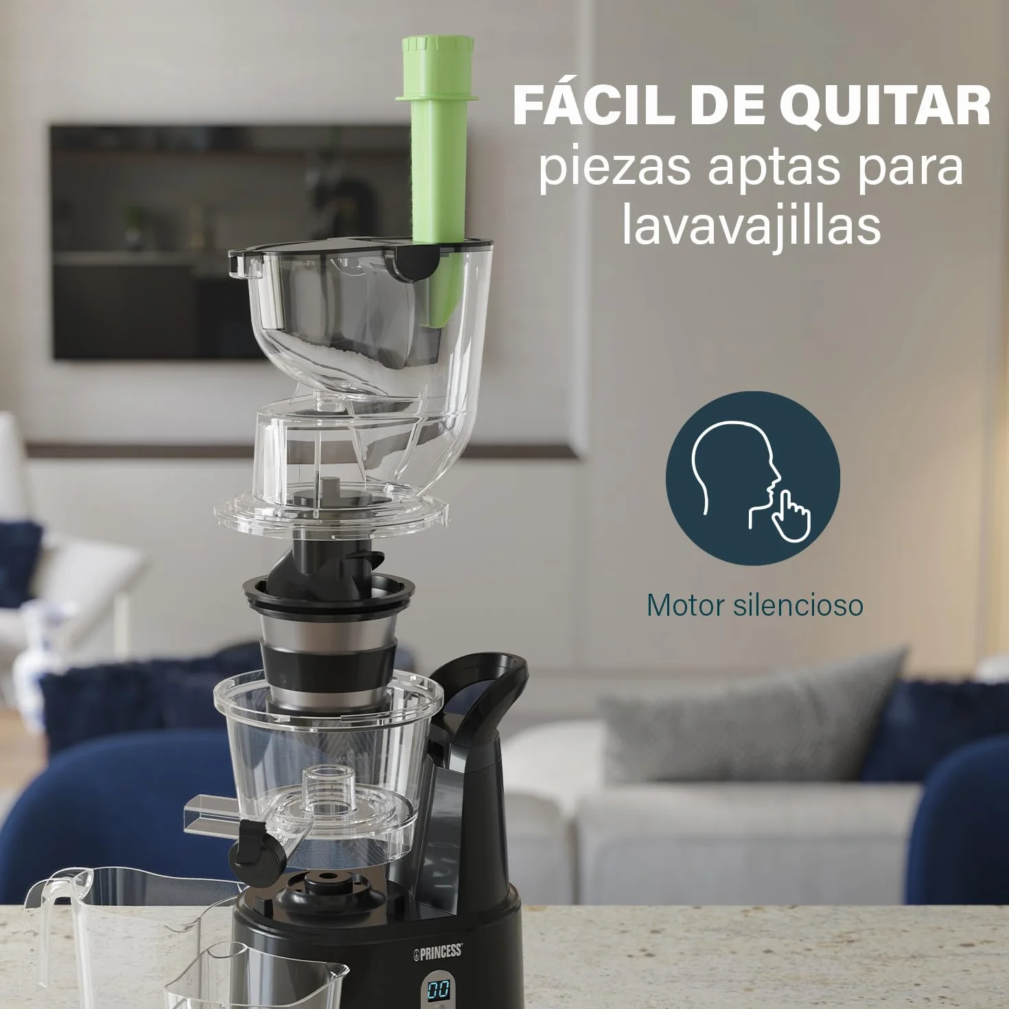 Princess 202045 Easy Fill Exprimidor Lento con la característica de Rellenado fácil, 200 W, 0.9 litros, Negro y Plateado