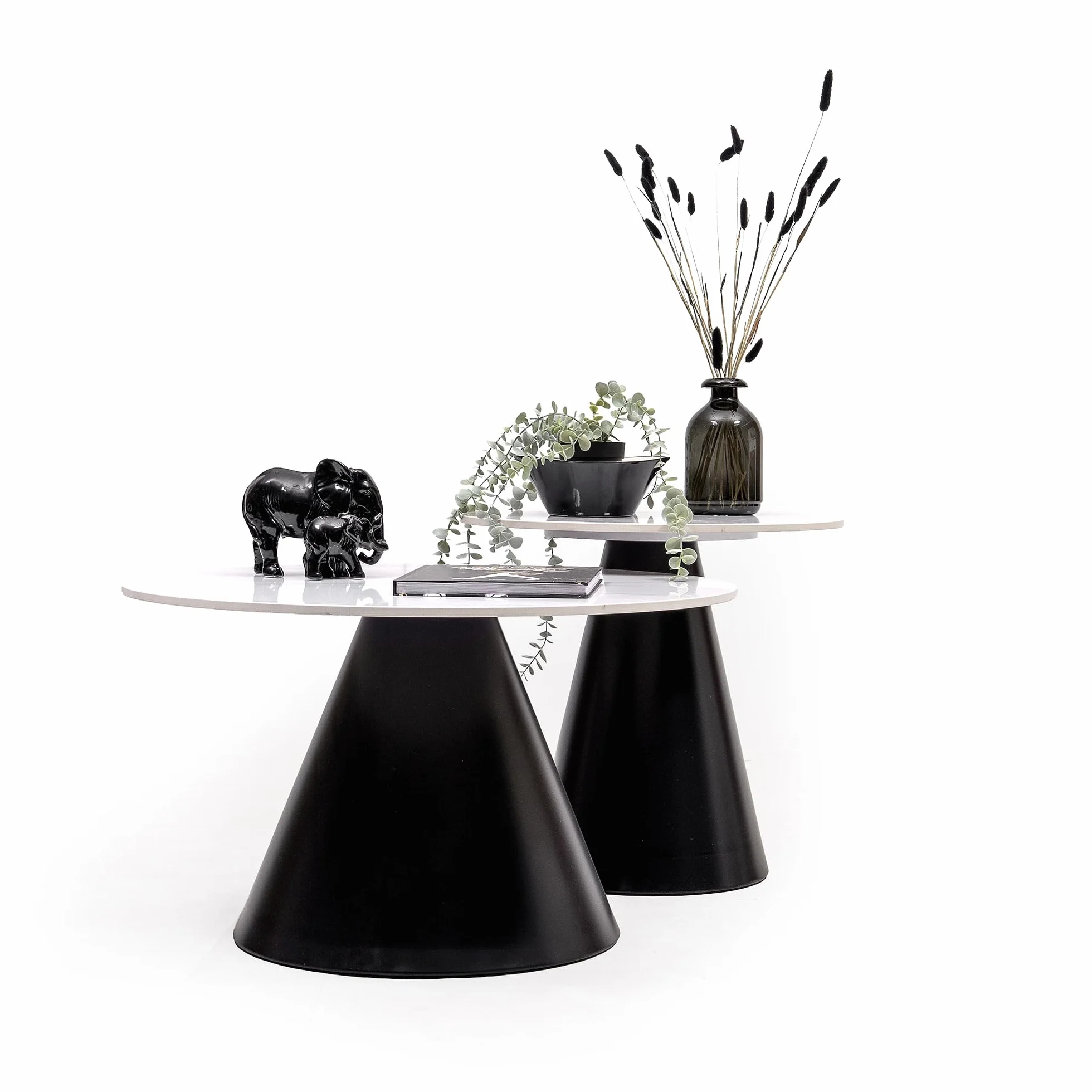 Homely - Juego de 2 Mesa Auxiliares Lúmica | Redonda 70 Ø .40 cm Alto./ 50 Ø .47 cm Alto. | Base de Estructura Metálica | Tapa Porcelánica Efecto Mármol | Mesa Auxiliar versatil, rincón o Centro.