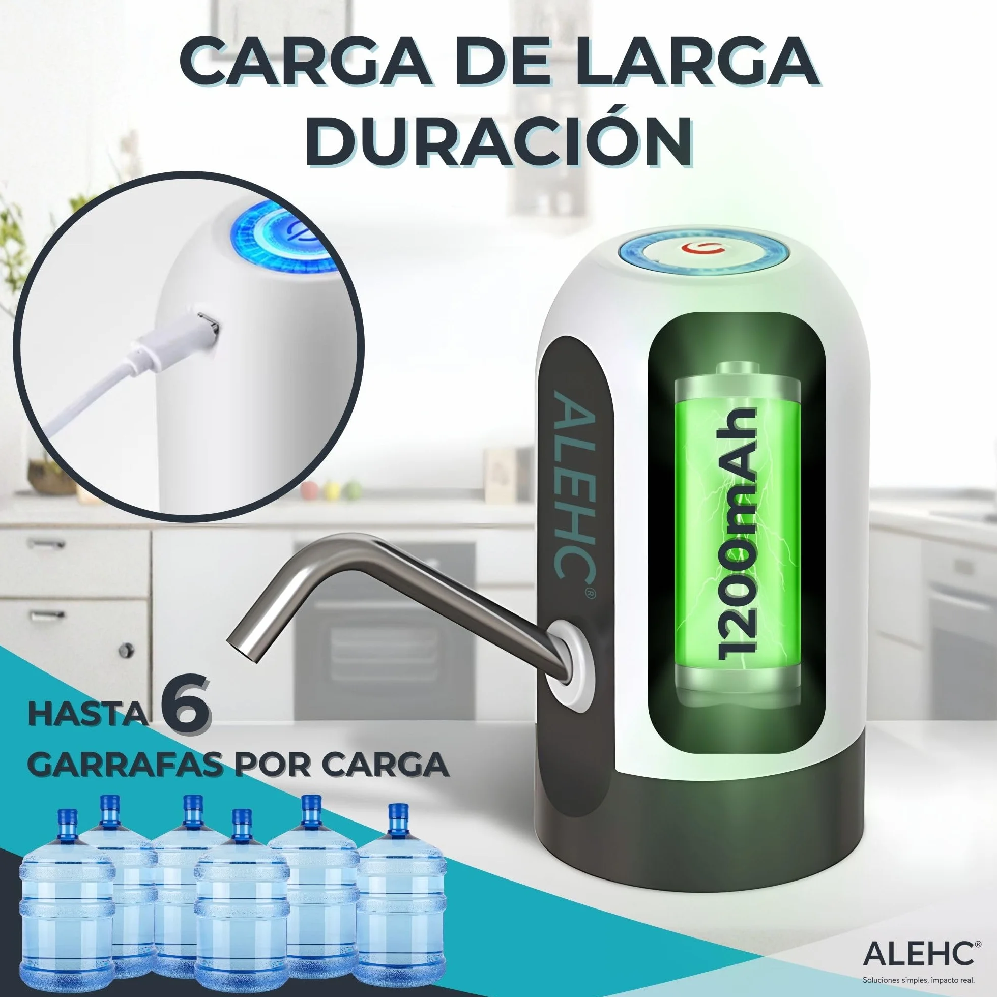ALEHC® Dispensador de Agua Eléctrico para Garrafas - 8-20L – Bomba de Agua Recargable USB-C con Manguera de Silicona Alimentaria y Adaptador – Portátil para Casa, Oficina, Camping – Sin BPA
