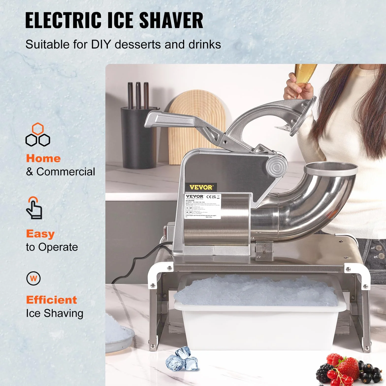 VEVOR Trituradora de Hielo Comercial 300kg/h 300W Picadora de Hielo 4 Cuchillas Acero Inoxidable
