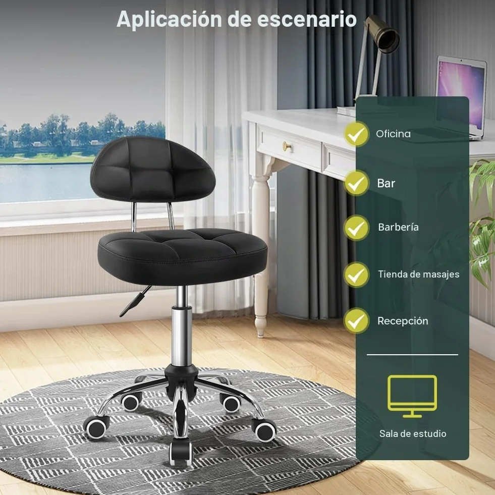 BFTOU Taburete giratorio cuadrado con ruedas ajustable silla respaldo blanco