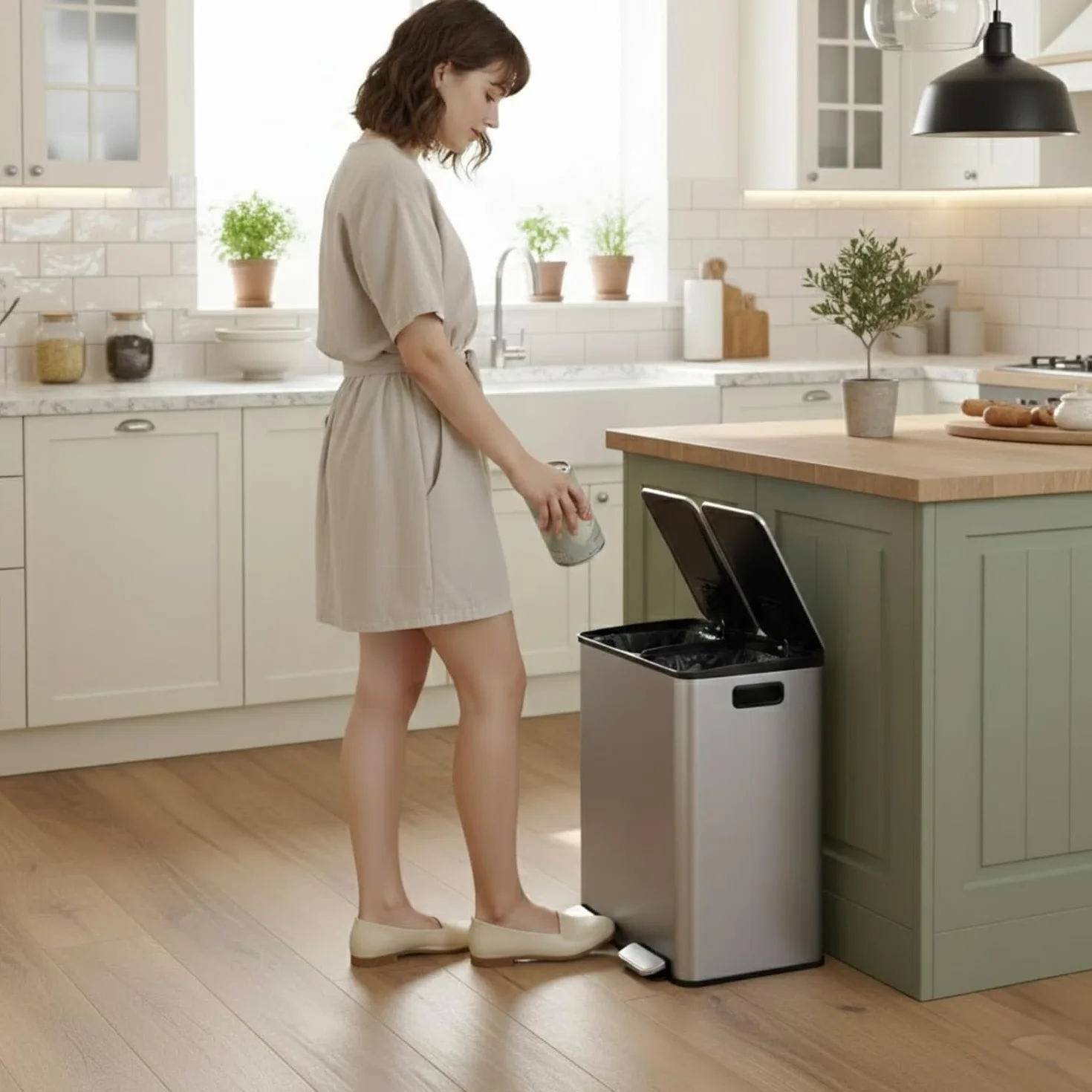 Cubo de Basura para Cocina 2 x 30L (60L), Cubo de Reciclaje Doble, de Acero Inoxidable Antihuella, Tapa de Cierre Suave y Pedal, Incluye 20 Bolsas de Basura, Compartimentos Separados
