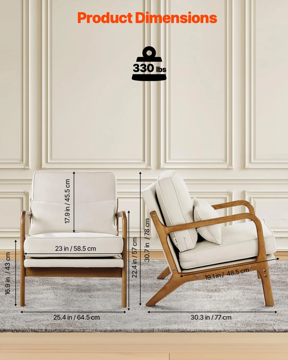VEVOR Sillón de Estilo Moderno de Mediados de Siglo con Estructura de Madera Maciza y Patas Antideslizantes, Tapizado en Tela de Lino y Cojín Grueso de 14,5 cm para Salón, Dormitorio y Oficina