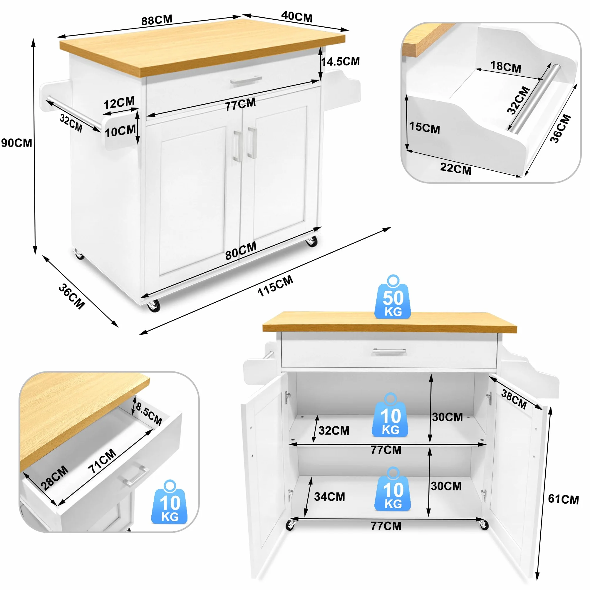 UISEBRT Carro de cocina con encimera, isla de cocina de madera, armario de cocina con ruedas, carrito de servicio con cajón y estante, carrito de cocina en estilo rústico, color blanco