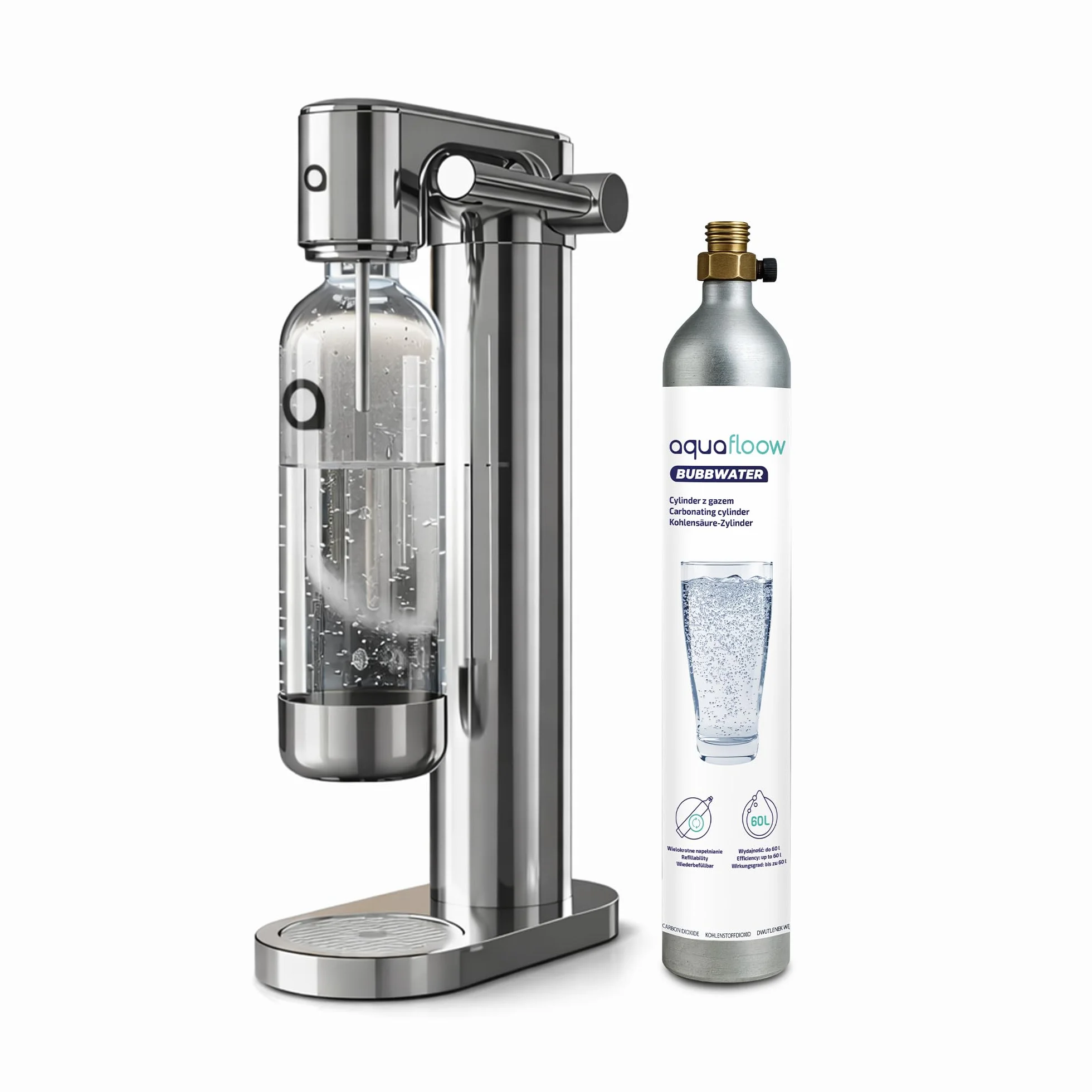 Aquafloow Gasificadora de Agua Acero Inoxidable CO₂ Recargable 60 Litros Botella Plástico Sin BPA
