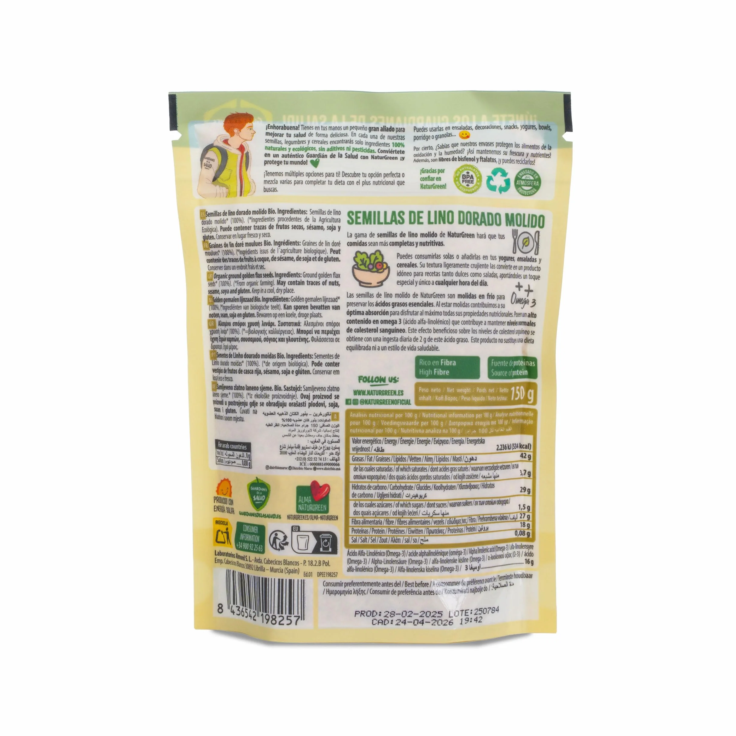 NaturGreen Semillas de Lino Dorado Molido Bio 150g | Alto en Fibra y Proteína | Omega-3 | Sin Azúcares Añadidos | Ecológico
