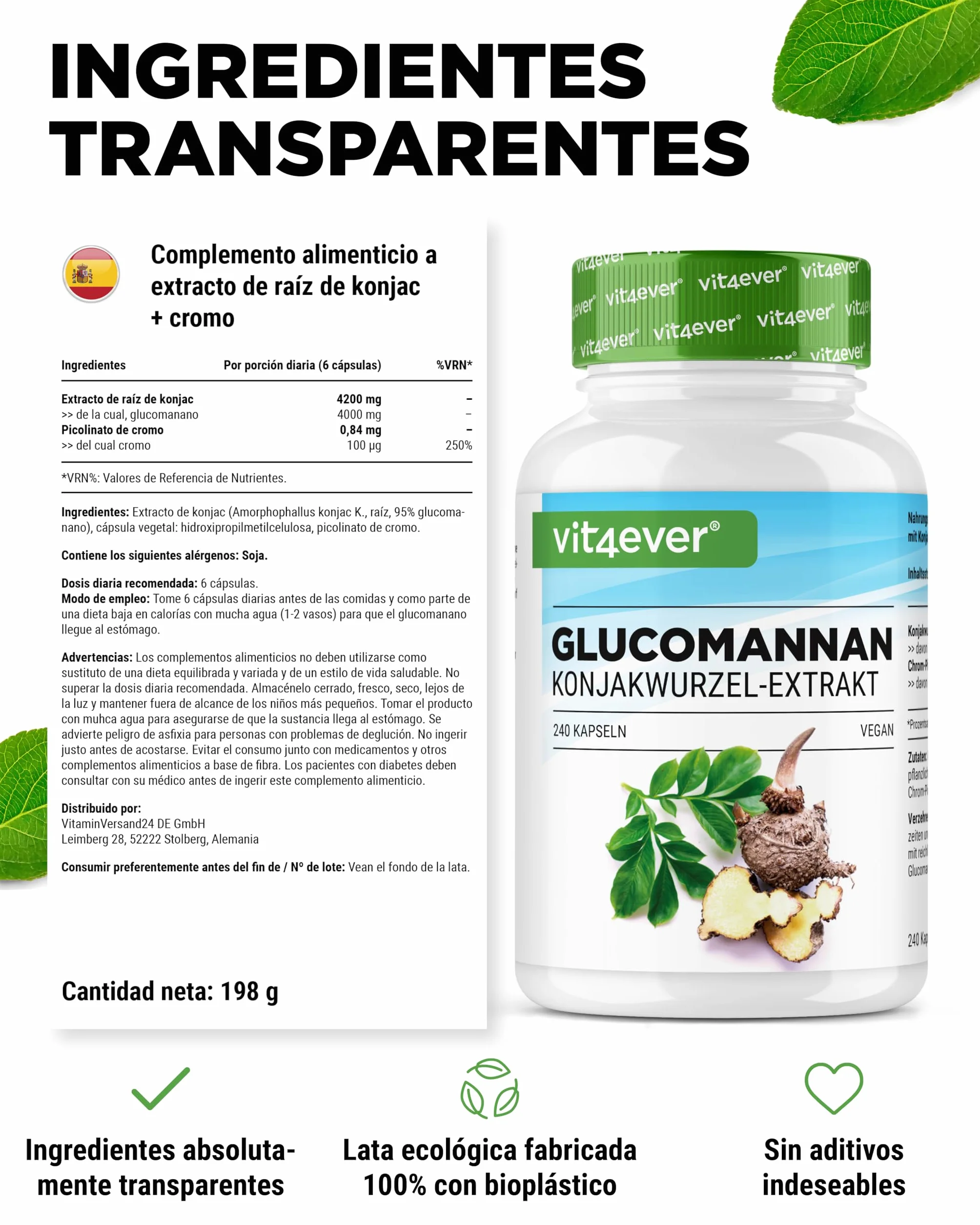 Glucomanano de la raíz de konjac 240 cápsulas 4200 mg por porción diaria con cromo Vegano