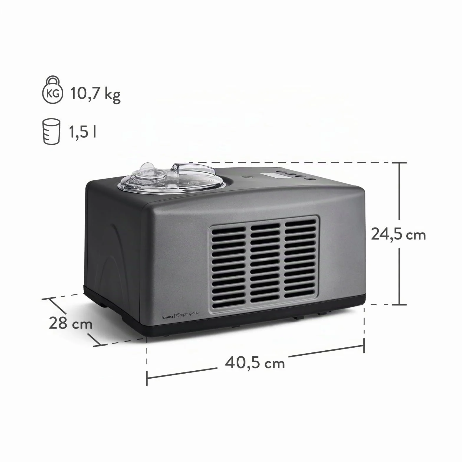SPRINGLANE - Máquina de hielo para helados Emma con compresor autoenfriador, 1,5 l máquina de hielo de acero inoxidable con apagado automático, contenedor de hielo extraíble, LCD
