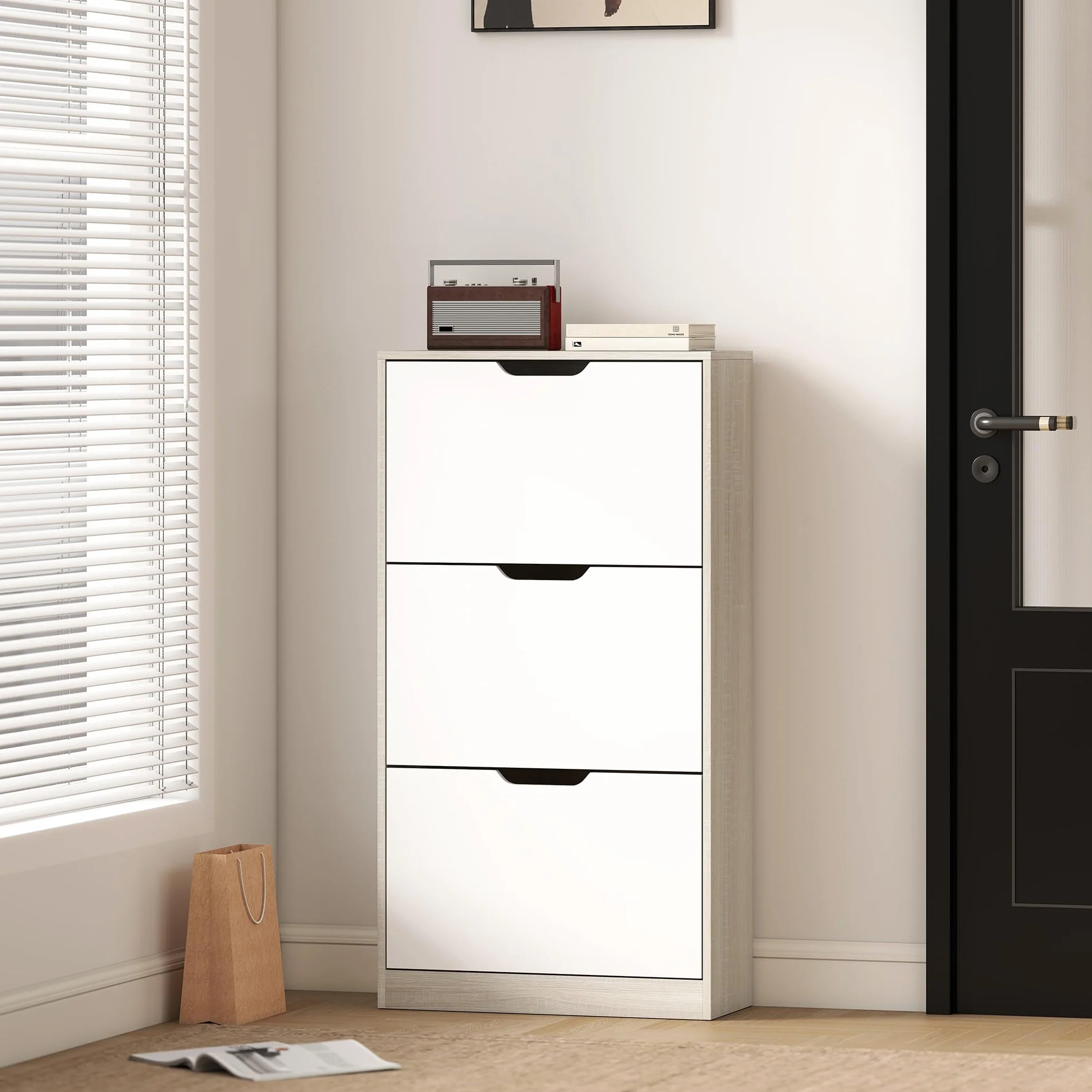 HOMCOM Zapatero Estrecho, 3 Puertas Abatibles, Zapatero Entrada Recibidor para 18 Pares de Zapatos, para Pasillo, Espacios Reducidos, 62,5x26x117,5 cm, Roble y Blanco