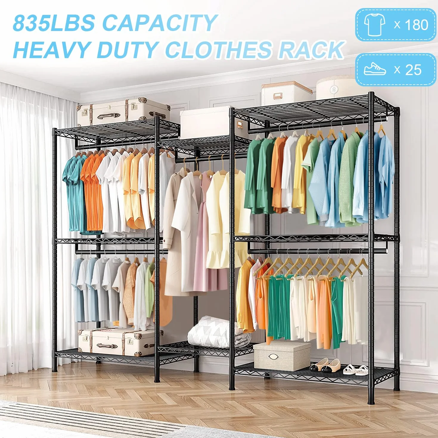 Armario Abierto para Dormitorio, Perchero Resistente de Gran Capacidad 380KG, Vestidor Modular con Estantes y Barras Ajustables, Organizador de Ropa y Almacenaje 45D x 187W x 195H CM, Negro